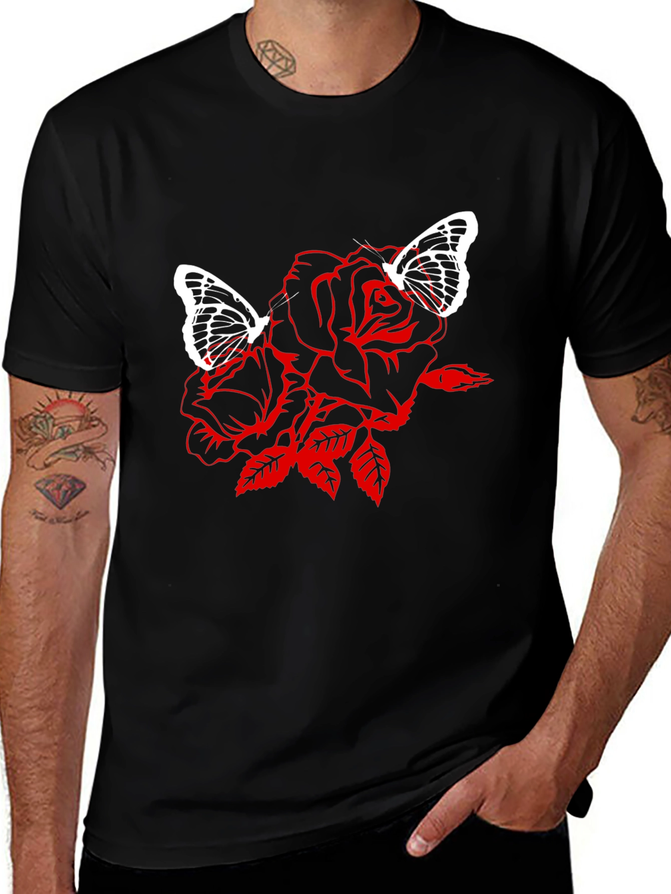 Rose & Butterfly Graphic Black T-Shirt