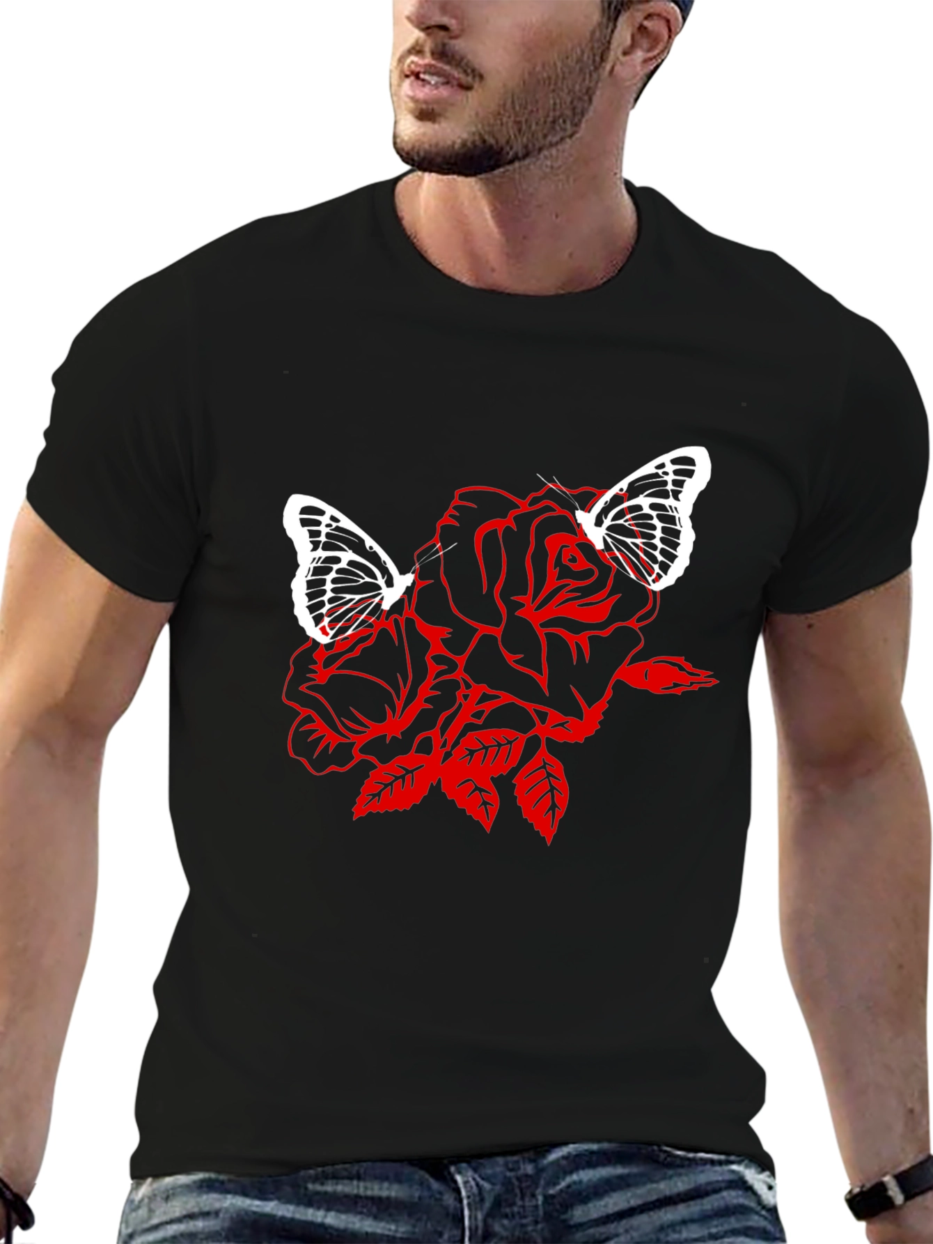 Rose & Butterfly Graphic Black T-Shirt