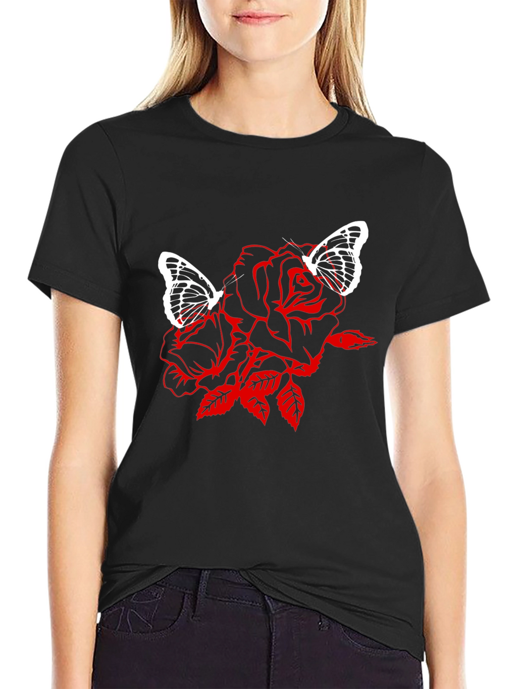 Rose & Butterfly Graphic Black T-Shirt