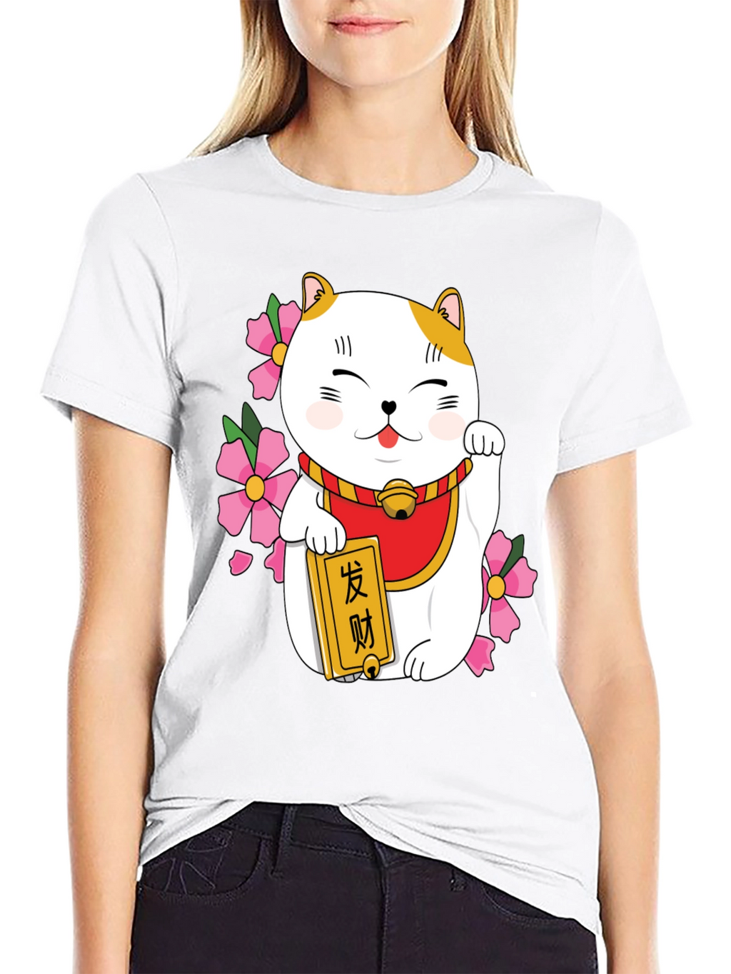 Lucky Cat Graphic Tee - Black Cotton Blend