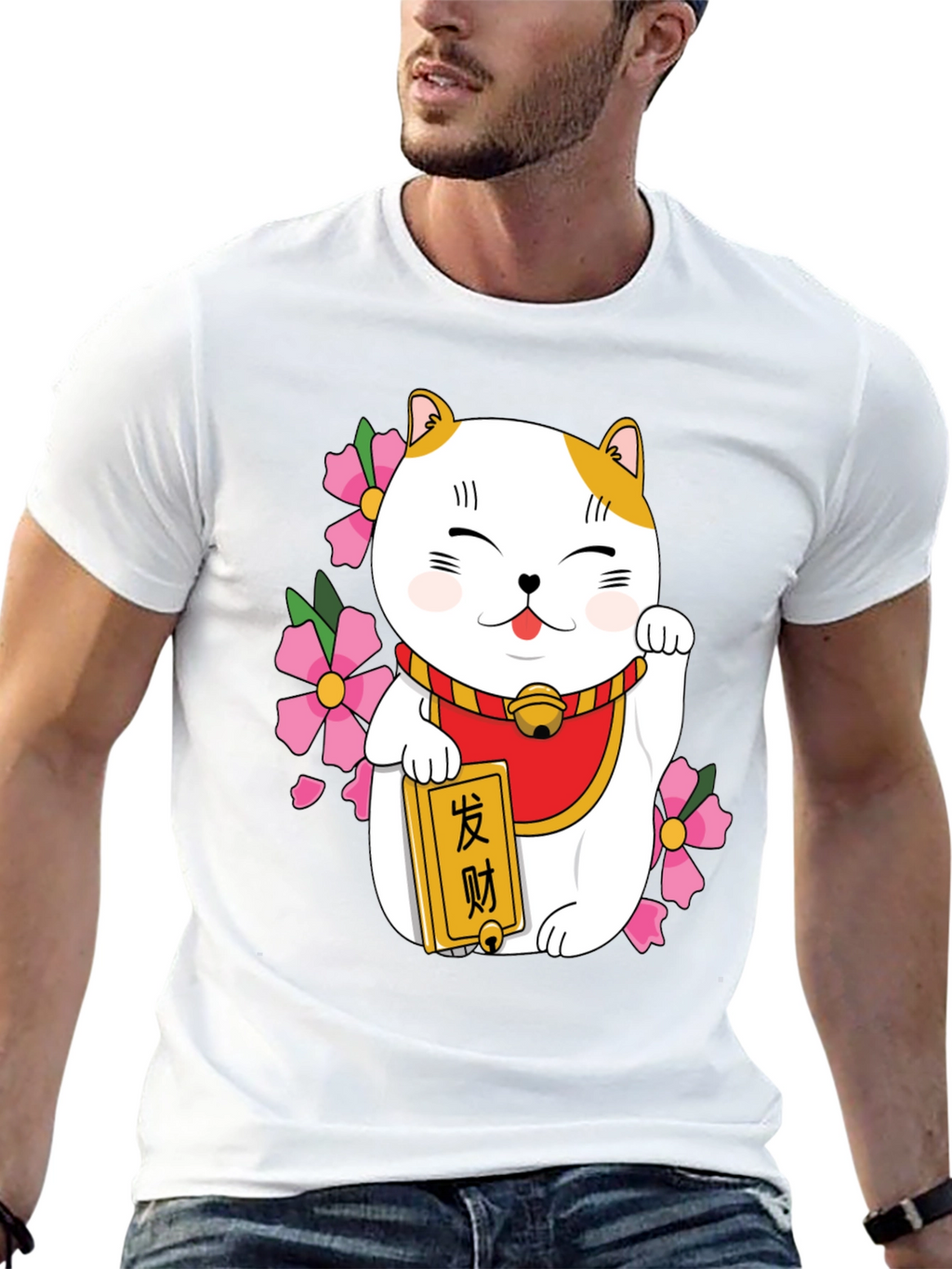 Lucky Cat Graphic Tee - Black Cotton Blend