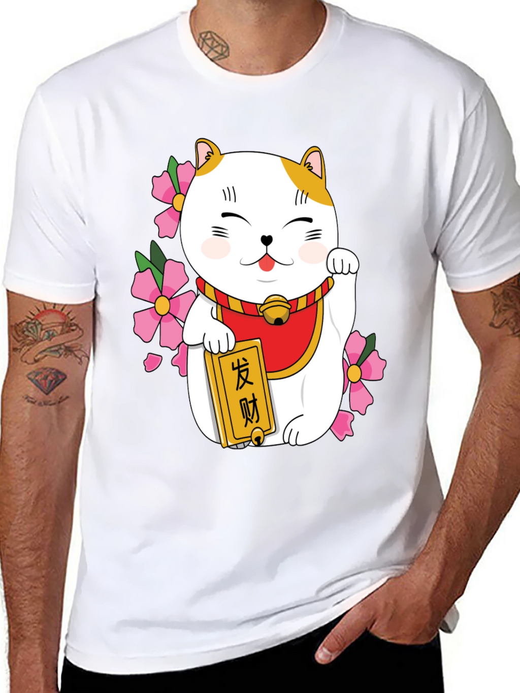 Lucky Cat Graphic Tee - Black Cotton Blend