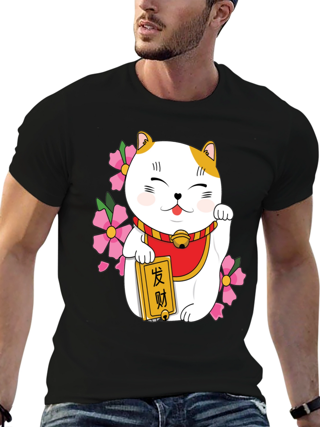 Lucky Cat Graphic Tee - Black Cotton Blend