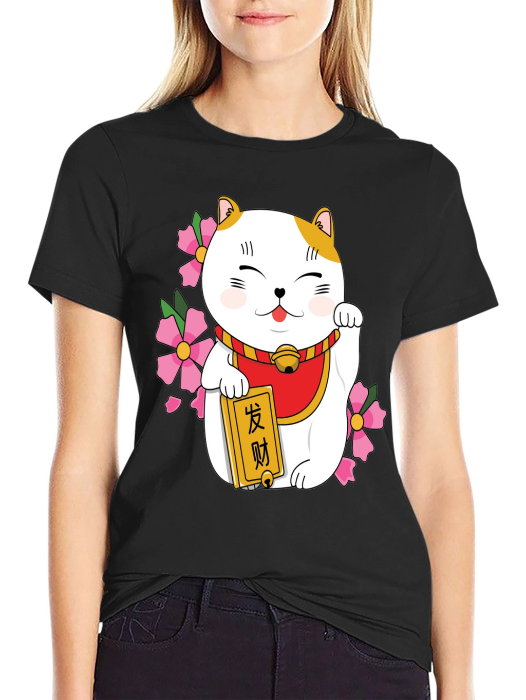 Lucky Cat Graphic Tee - Black Cotton Blend