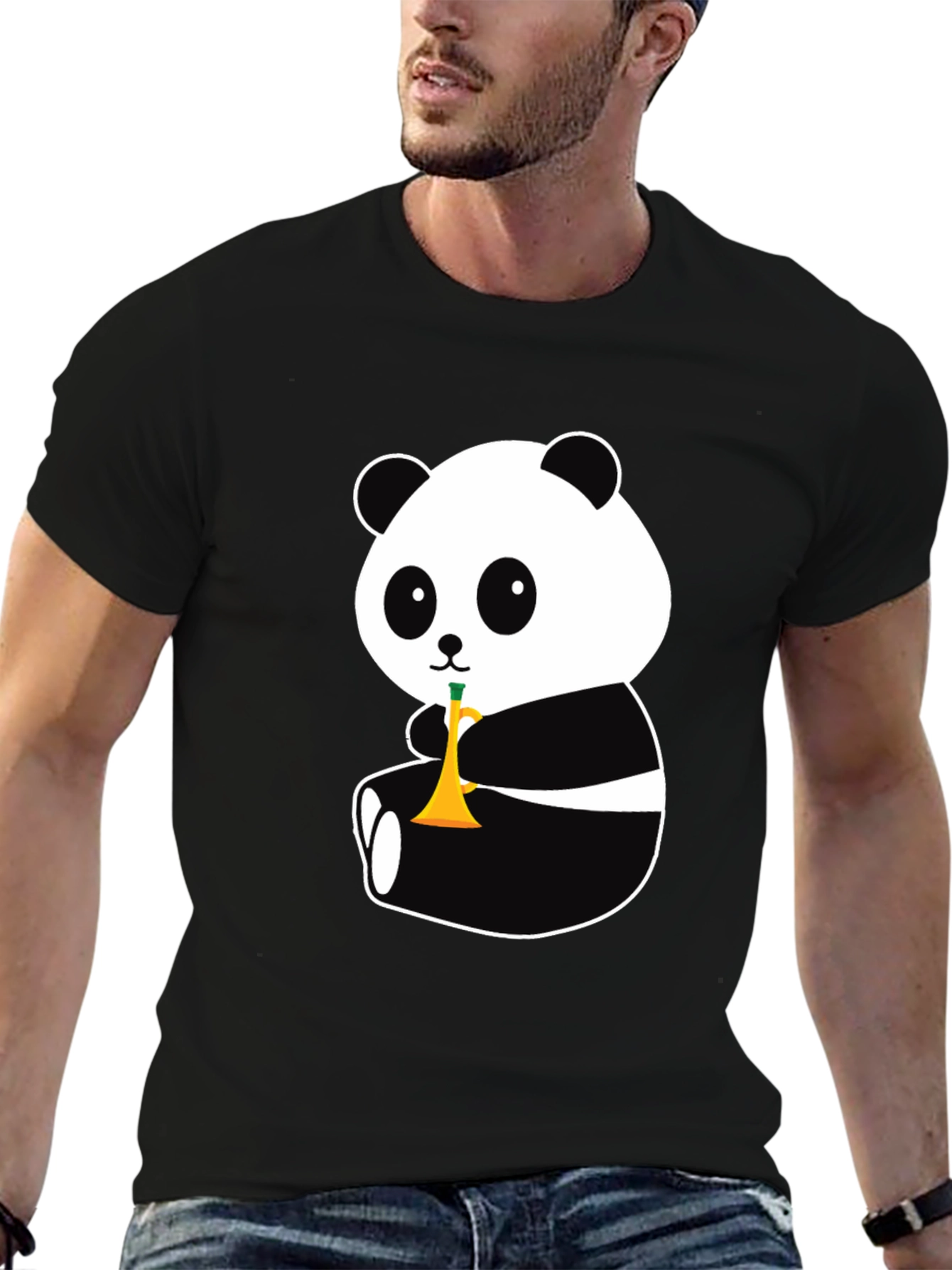 Panda Trumpet Black T-Shirt - Cute Cartoon Design