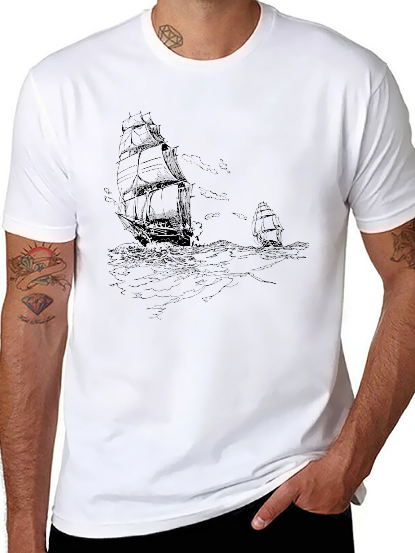 Nautical Ship Graphic Tee - Black Cotton T-Shirt