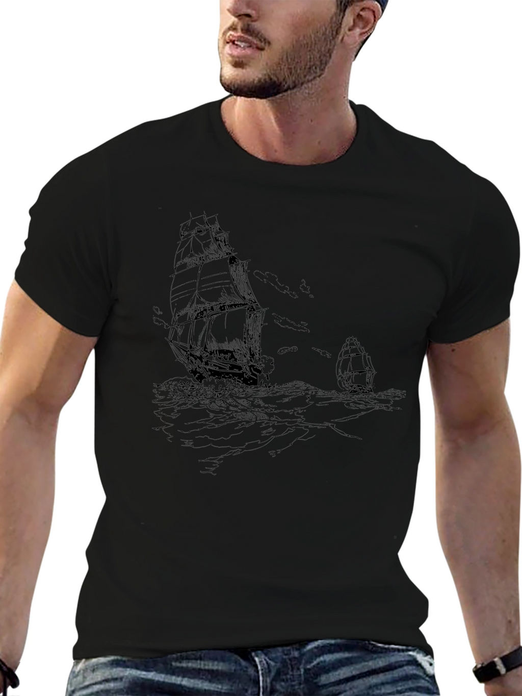 Nautical Ship Graphic Tee - Black Cotton T-Shirt