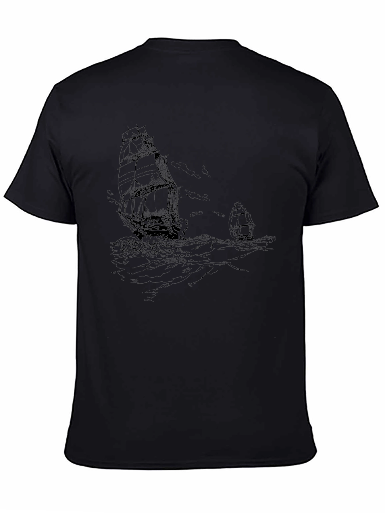 Nautical Ship Graphic Tee - Black Cotton T-Shirt