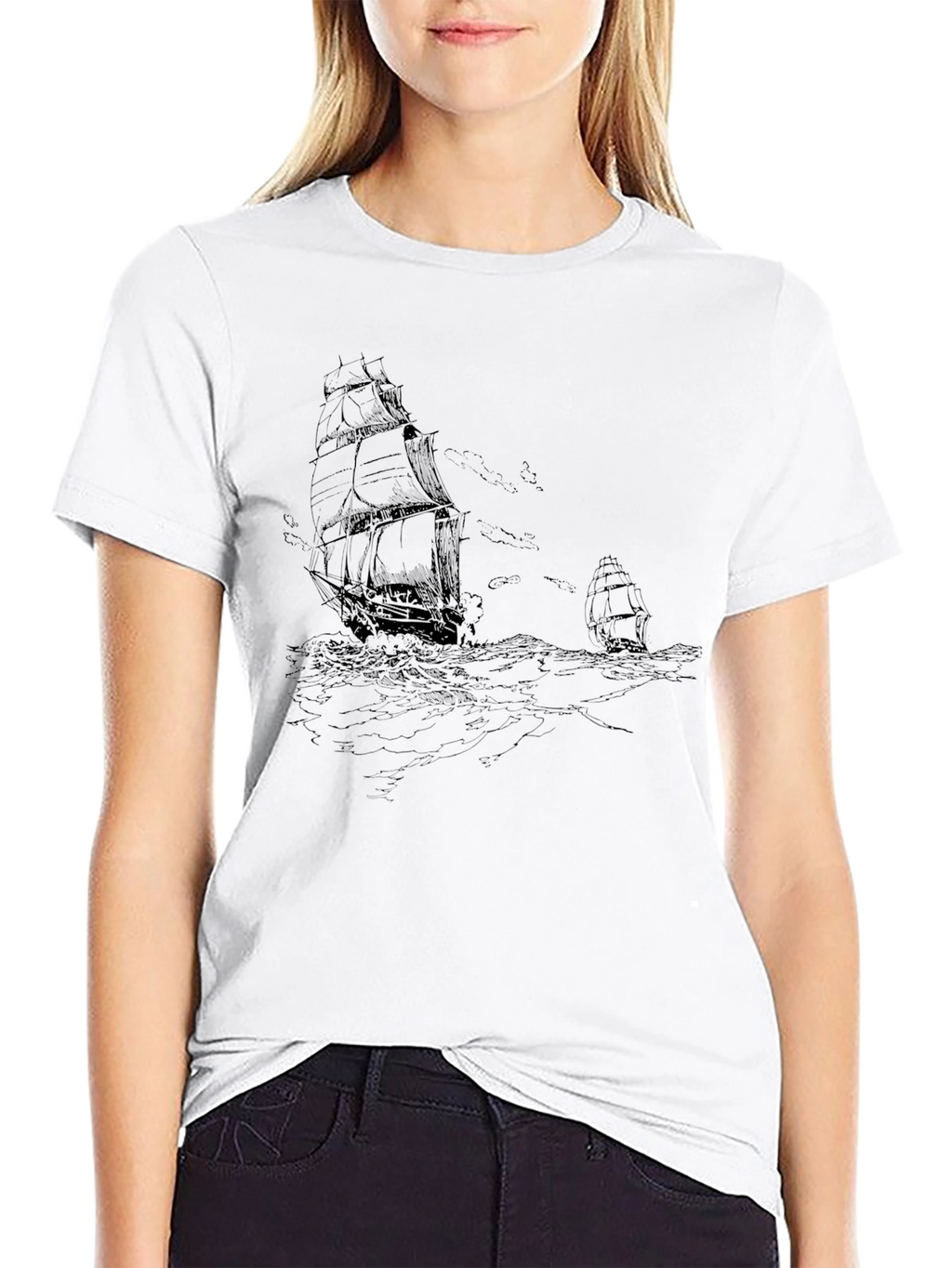 Nautical Ship Graphic Tee - Black Cotton T-Shirt