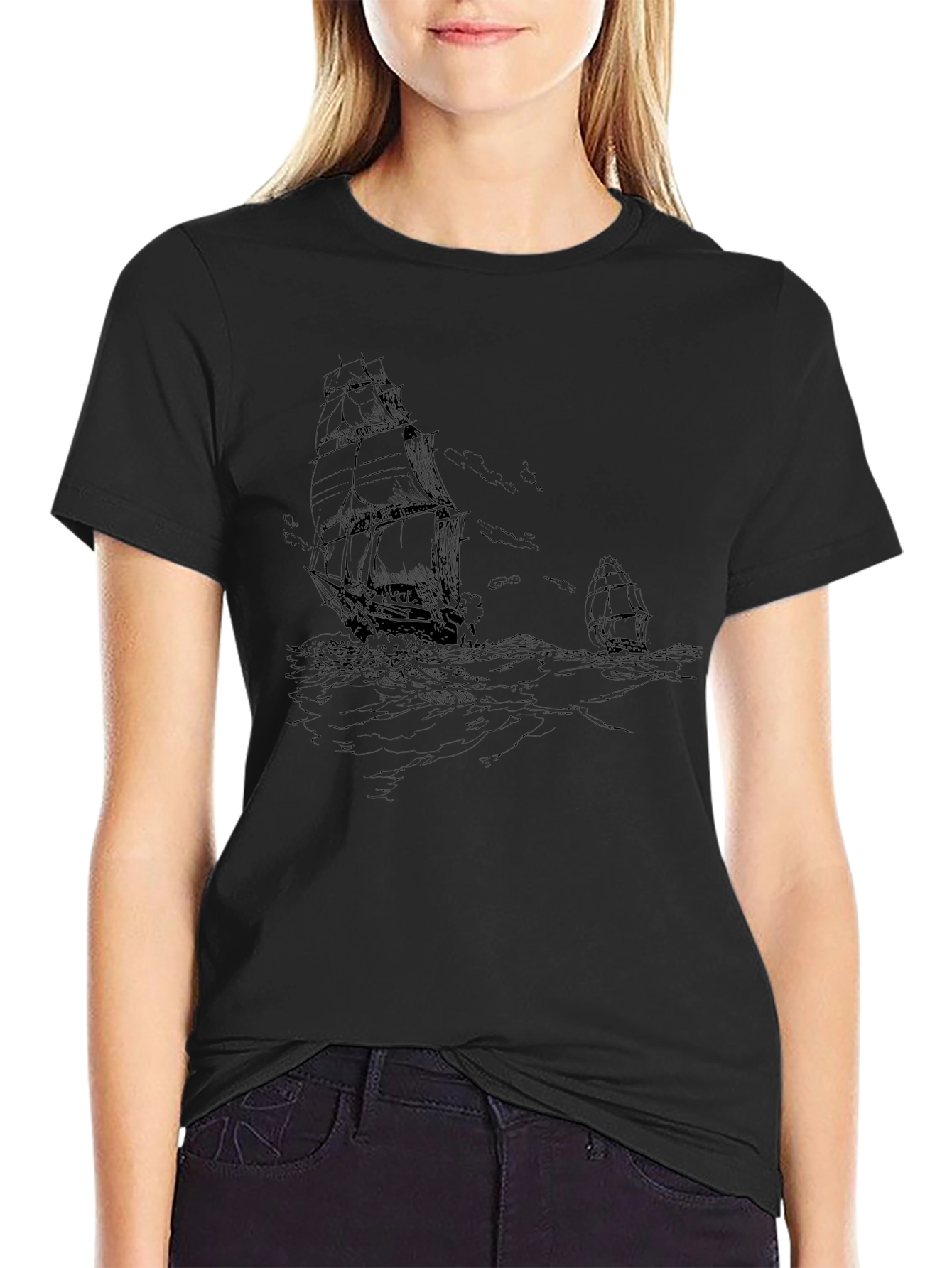 Nautical Ship Graphic Tee - Black Cotton T-Shirt