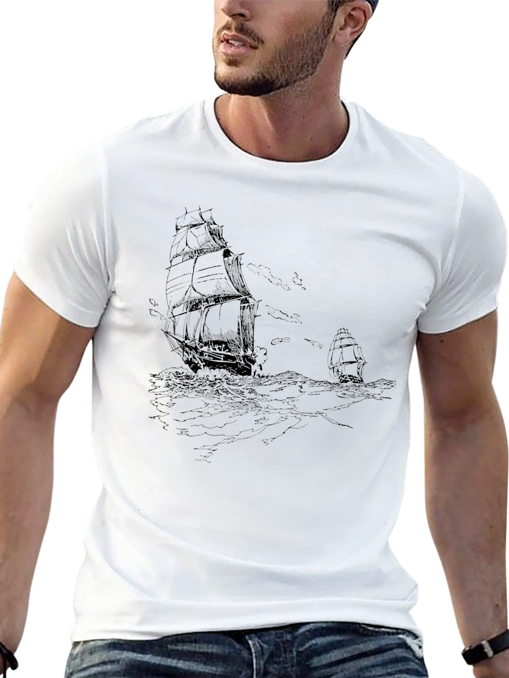 Nautical Ship Graphic Tee - Black Cotton T-Shirt
