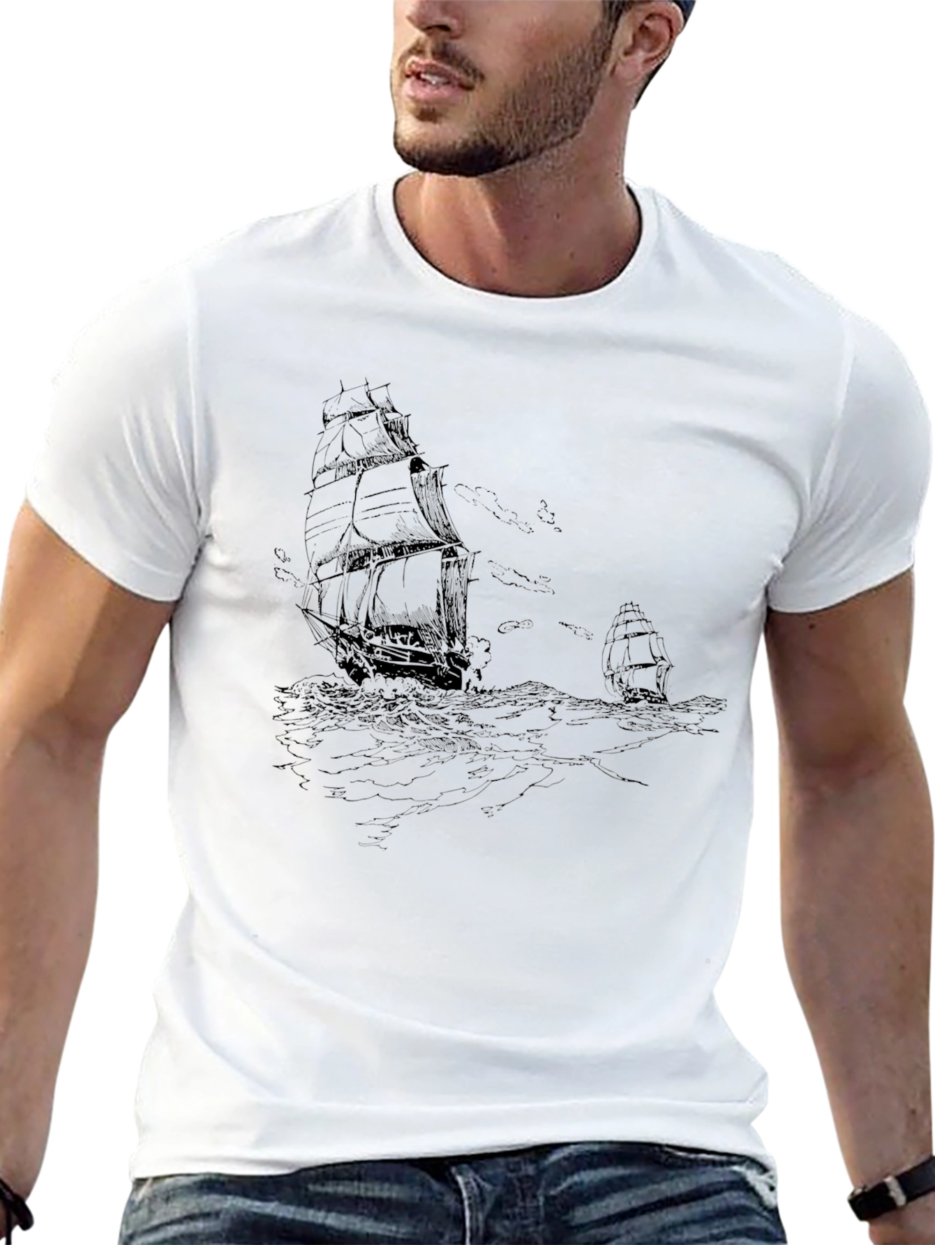 Nautical Ship Graphic Tee - Black Cotton T-Shirt