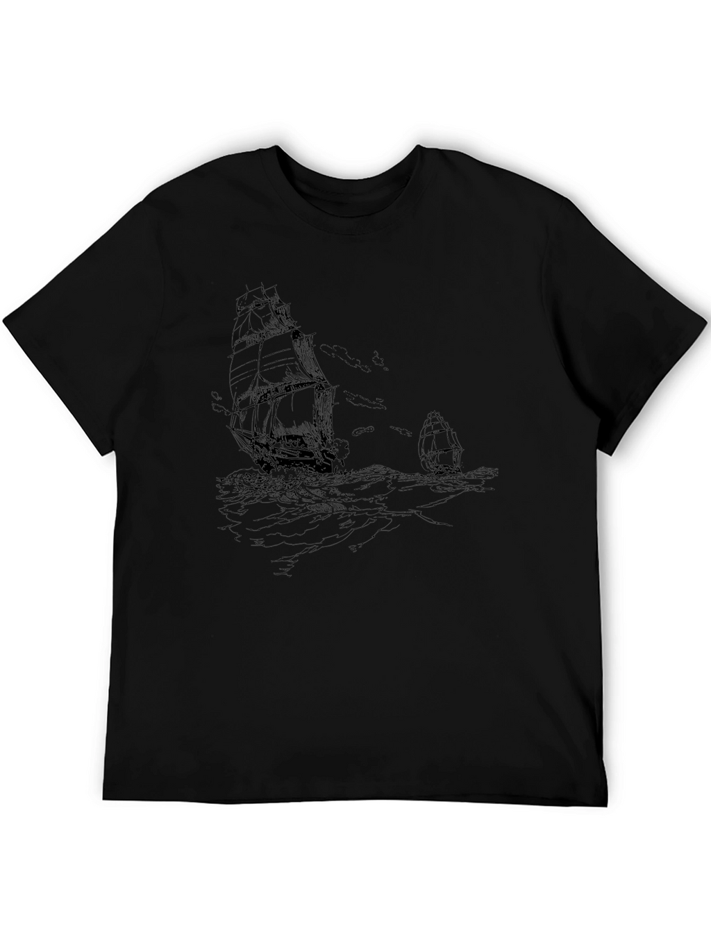 Nautical Ship Graphic Tee - Black Cotton T-Shirt