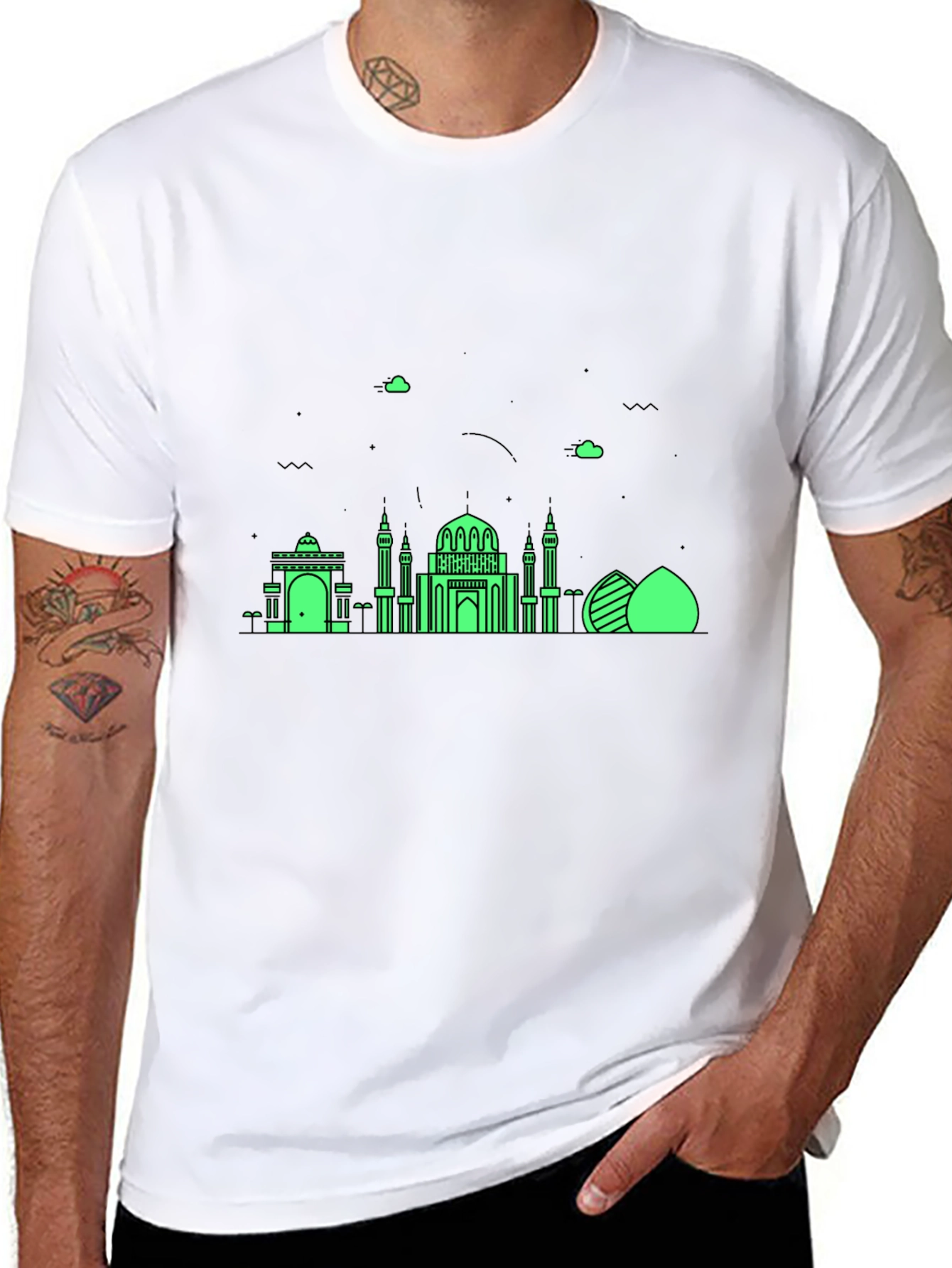 Black T-Shirt with Green Architectural Design
