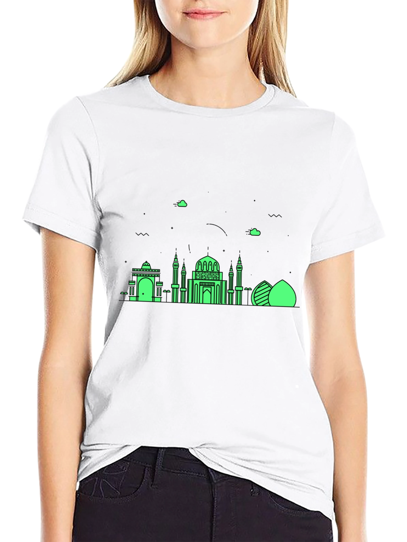 Black T-Shirt with Green Architectural Design