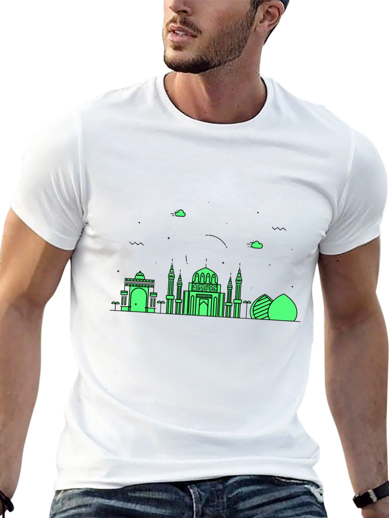 Black T-Shirt with Green Architectural Design