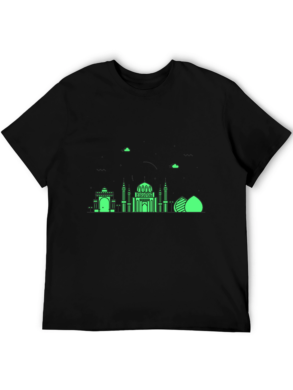 Black T-Shirt with Green Architectural Design
