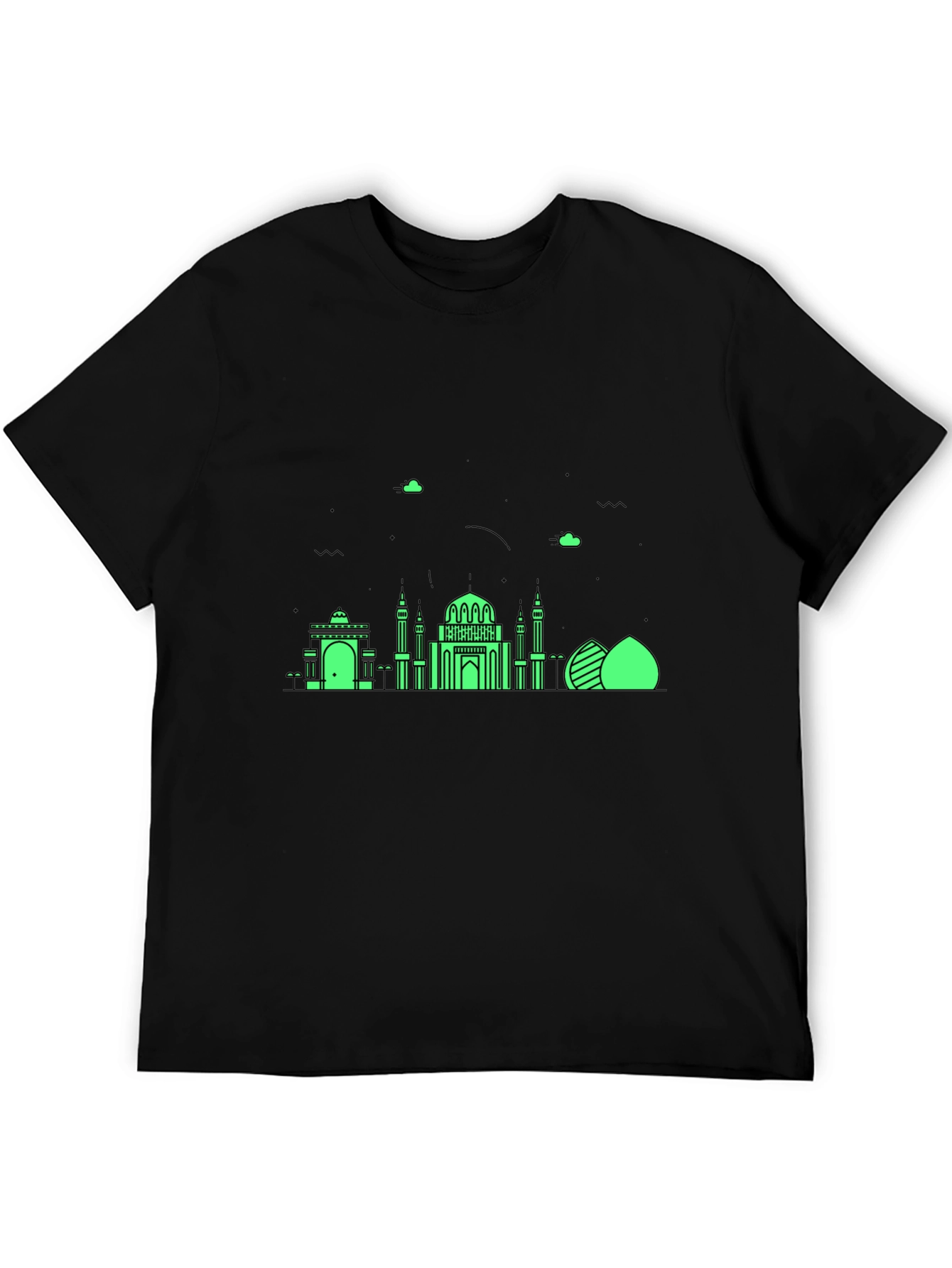 Black T-Shirt with Green Architectural Design