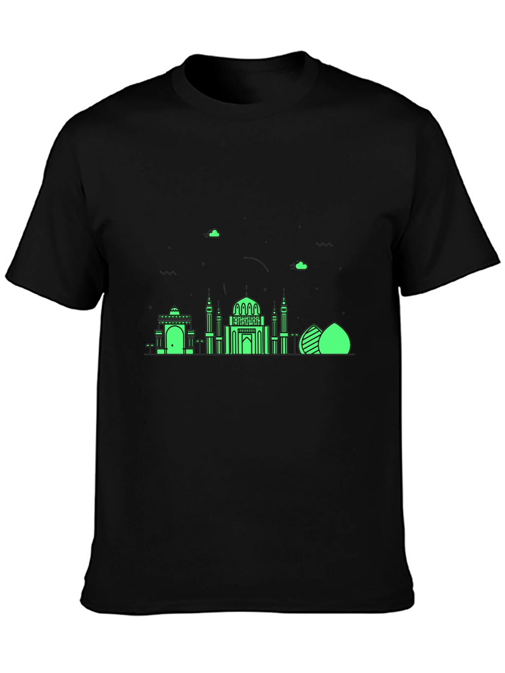 Black T-Shirt with Green Architectural Design
