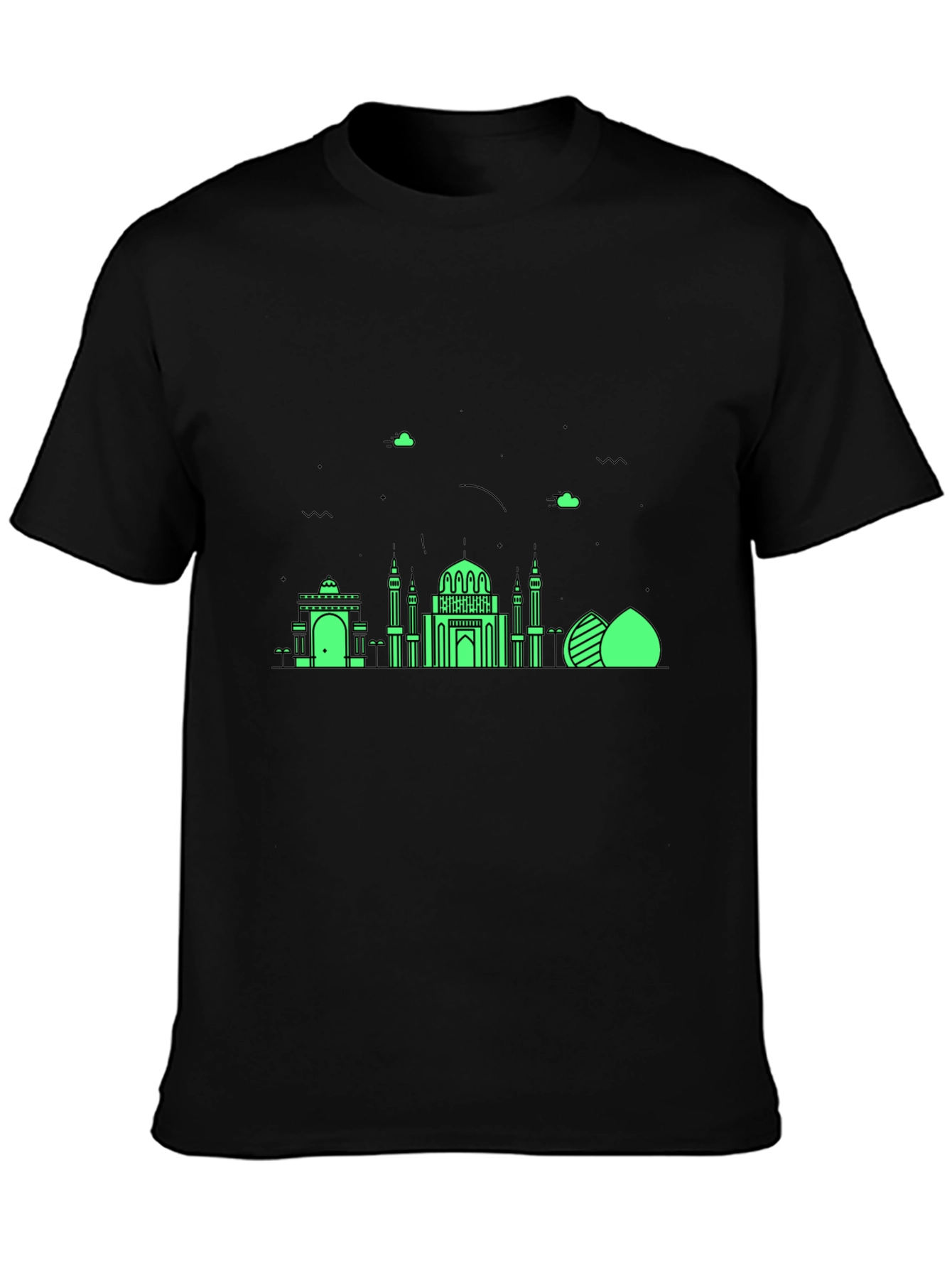 Black T-Shirt with Green Architectural Design