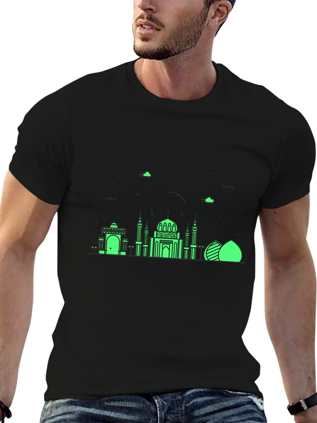 Black T-Shirt with Green Architectural Design