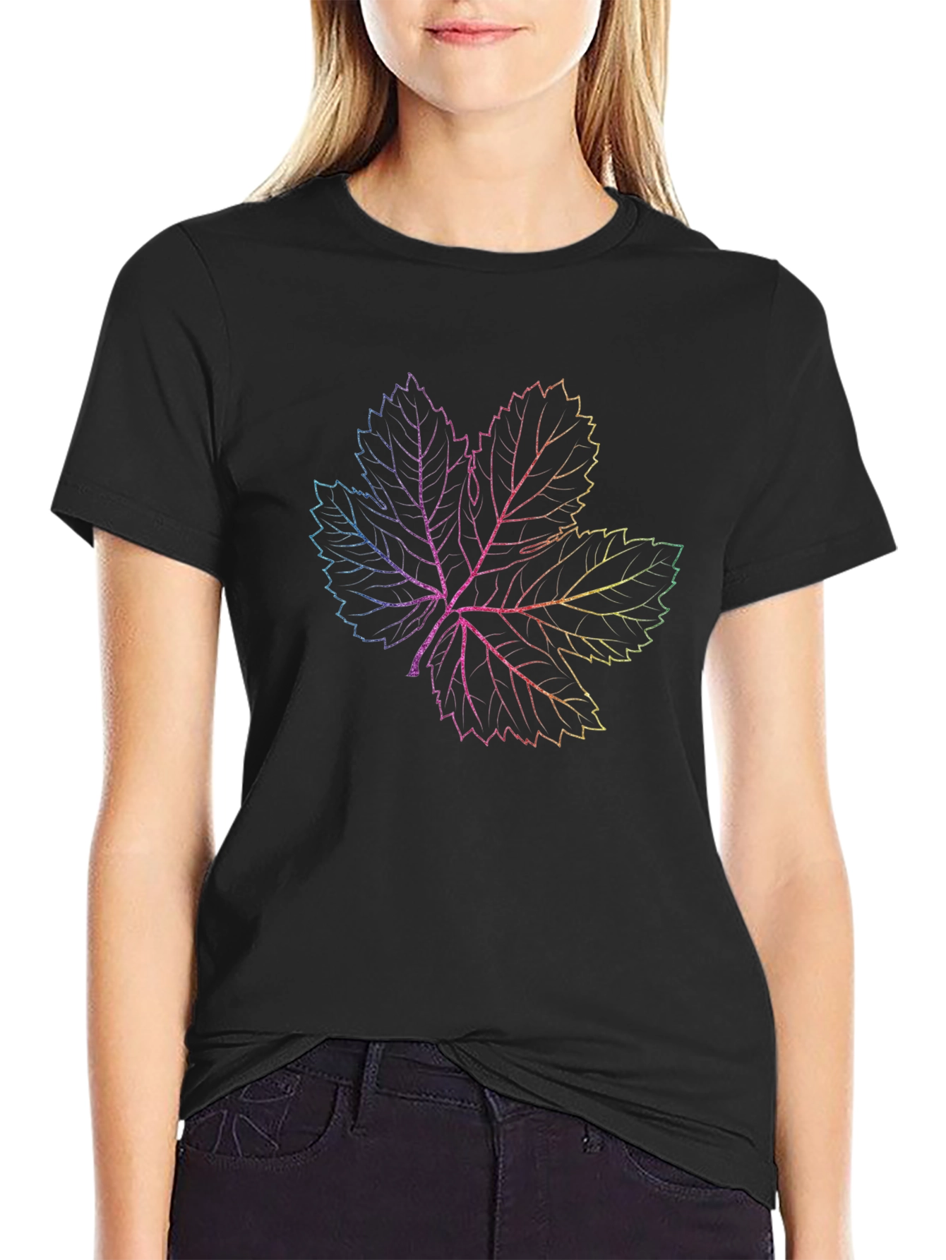 Rainbow Leaf Graphic Print Black T-Shirt