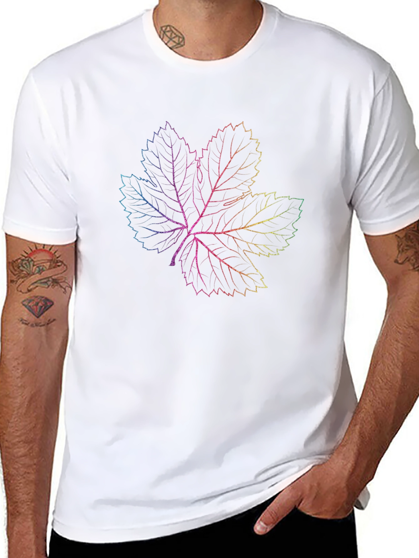 Rainbow Leaf Graphic Print Black T-Shirt