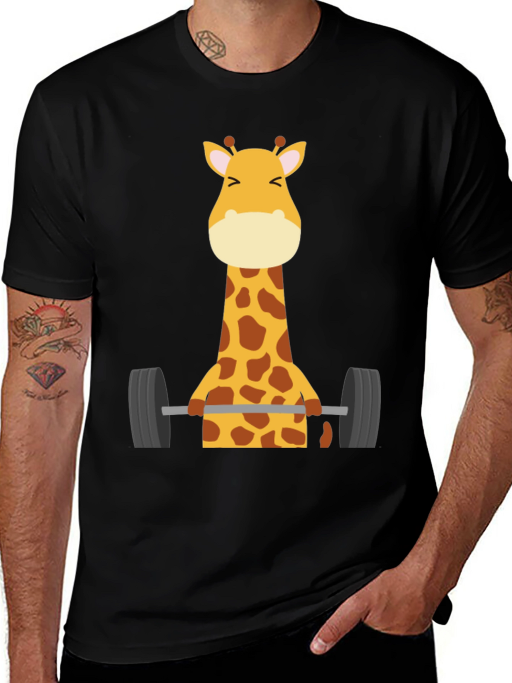 Giraffe Lifting Weights Graphic T-Shirt - Black