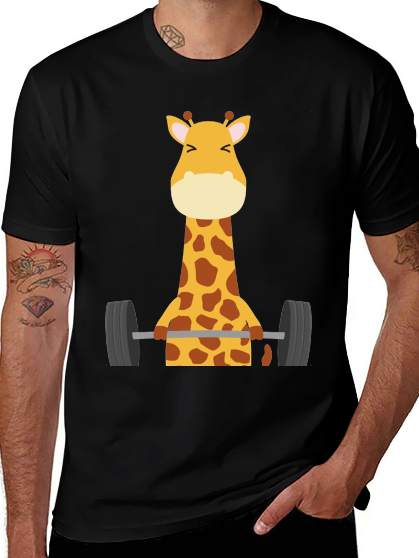 Giraffe Lifting Weights Graphic T-Shirt - Black