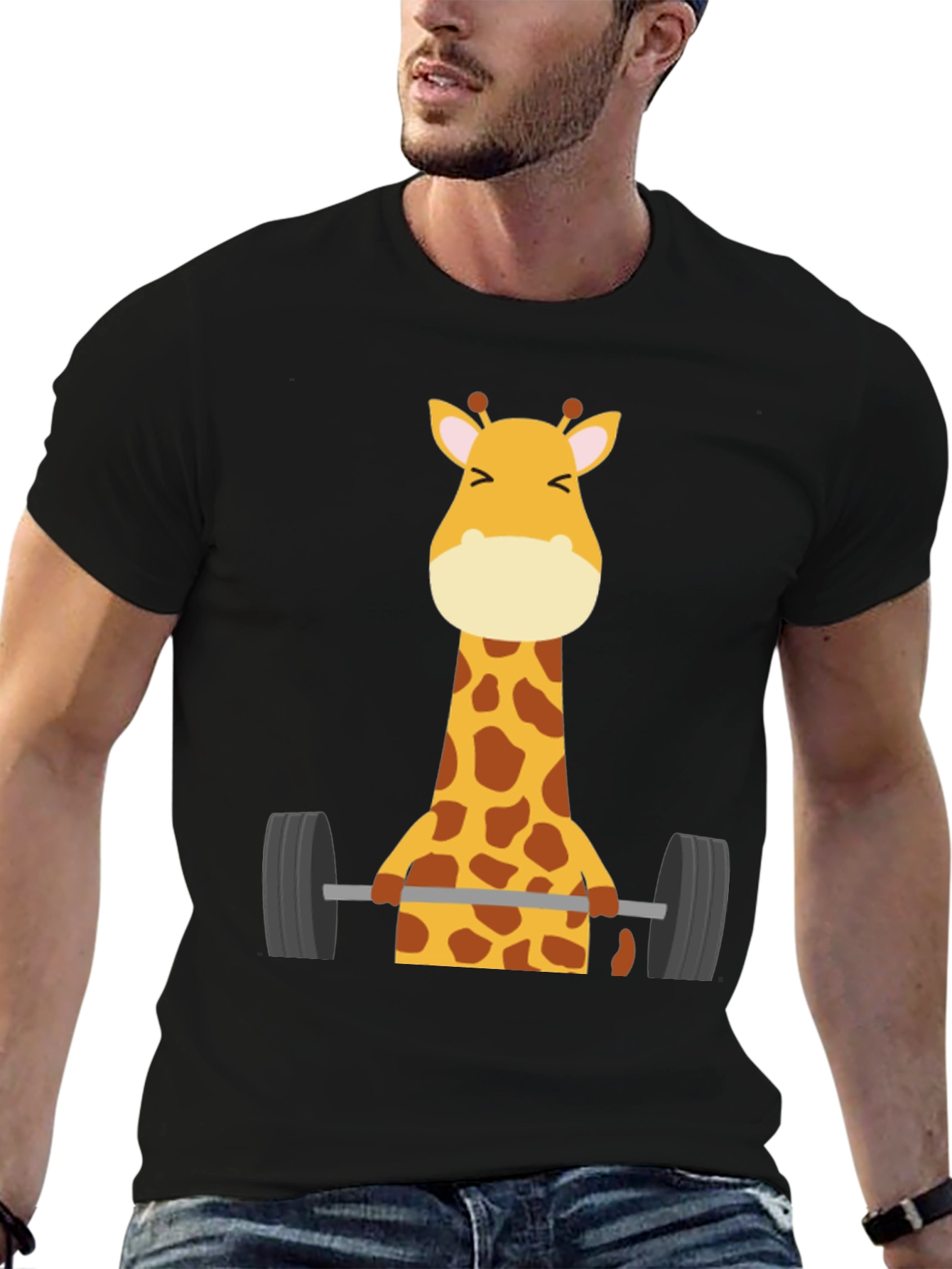 Giraffe Lifting Weights Graphic T-Shirt - Black