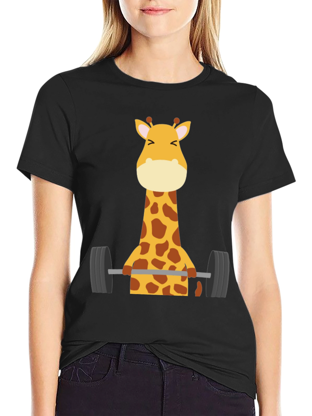 Giraffe Lifting Weights Graphic T-Shirt - Black