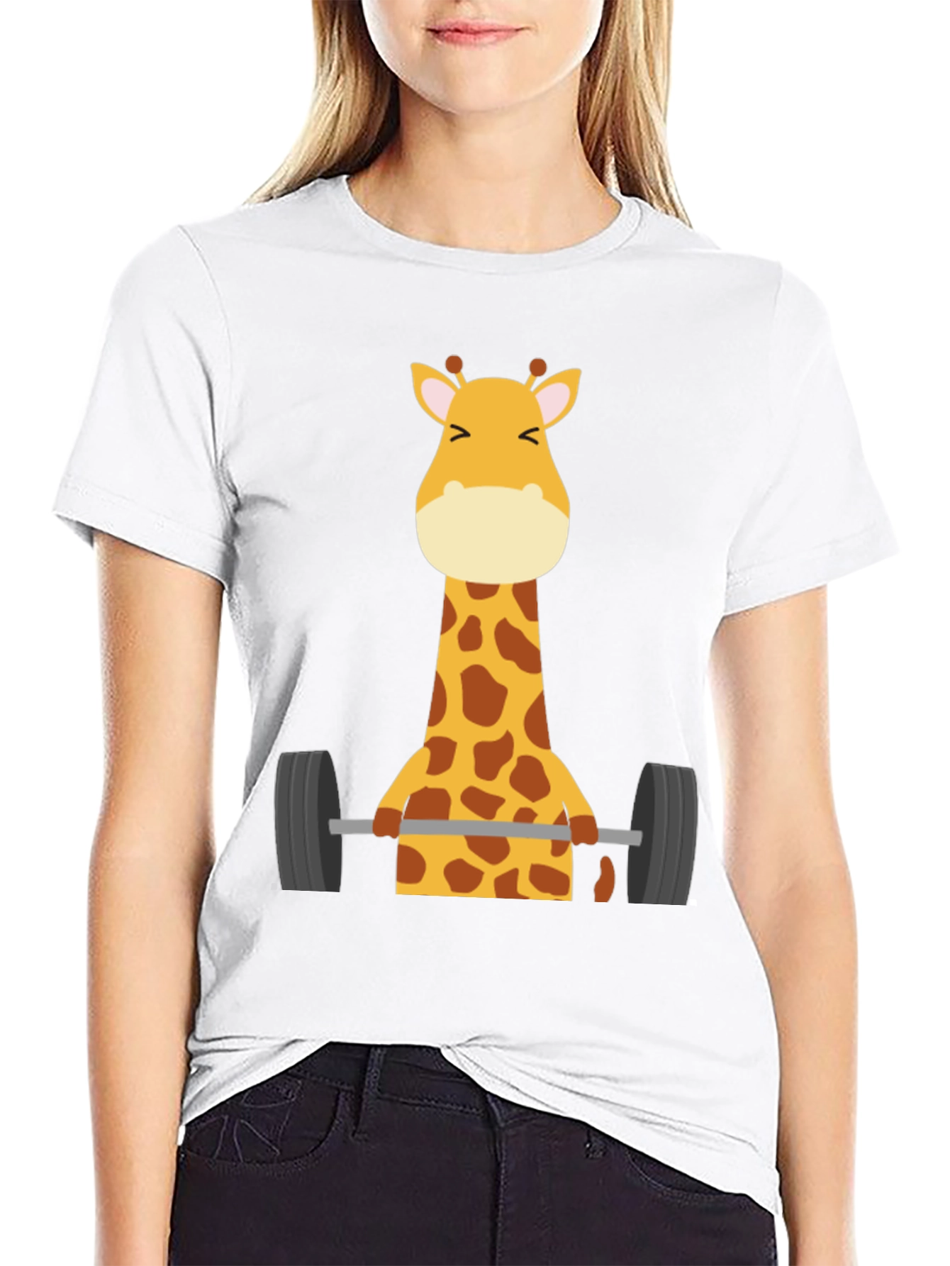 Giraffe Lifting Weights Graphic T-Shirt - Black