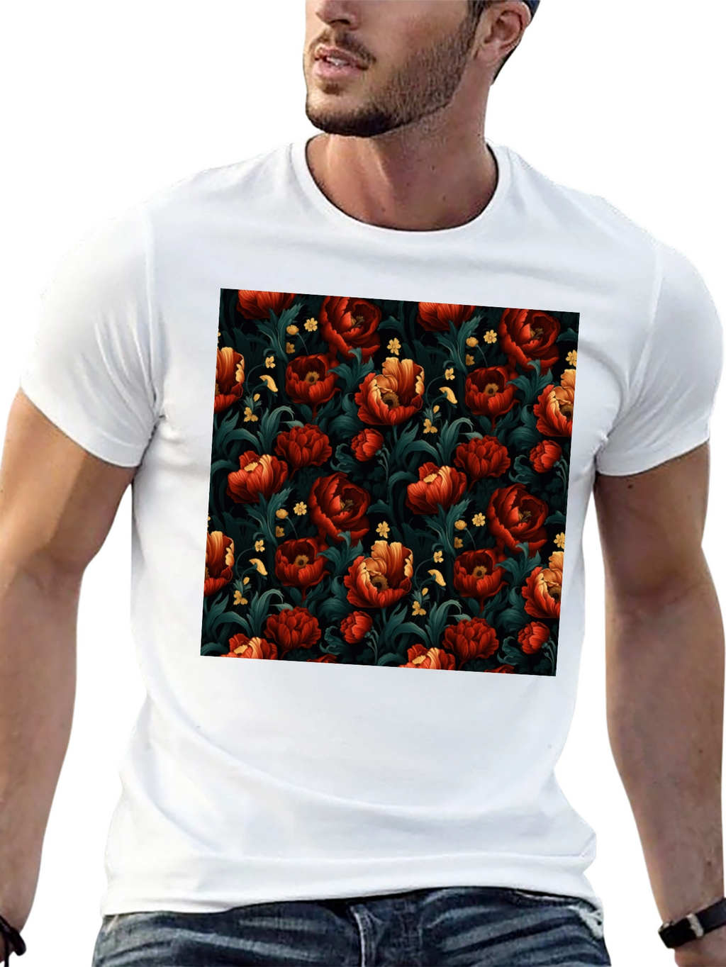 Floral Print Mens Black T-Shirt