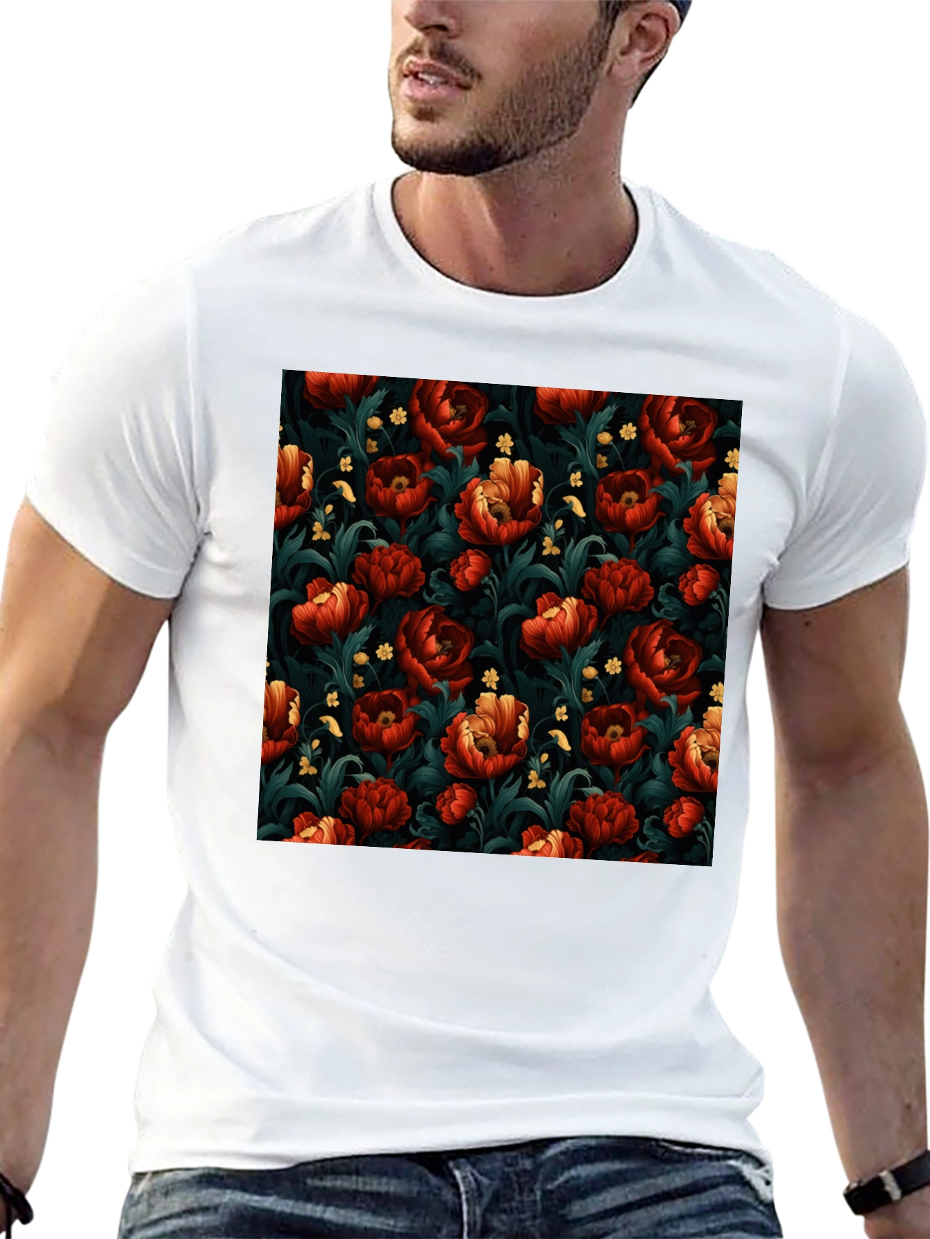 Floral Print Mens Black T-Shirt