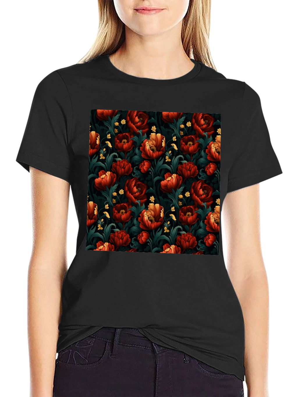 Floral Print Mens Black T-Shirt