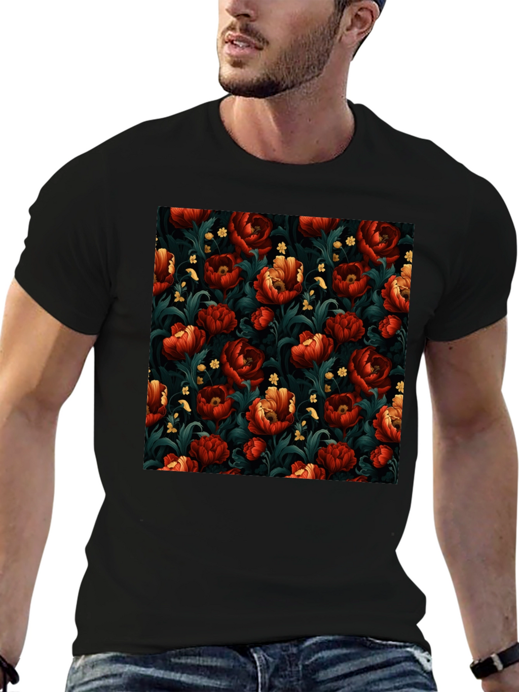 Floral Print Mens Black T-Shirt