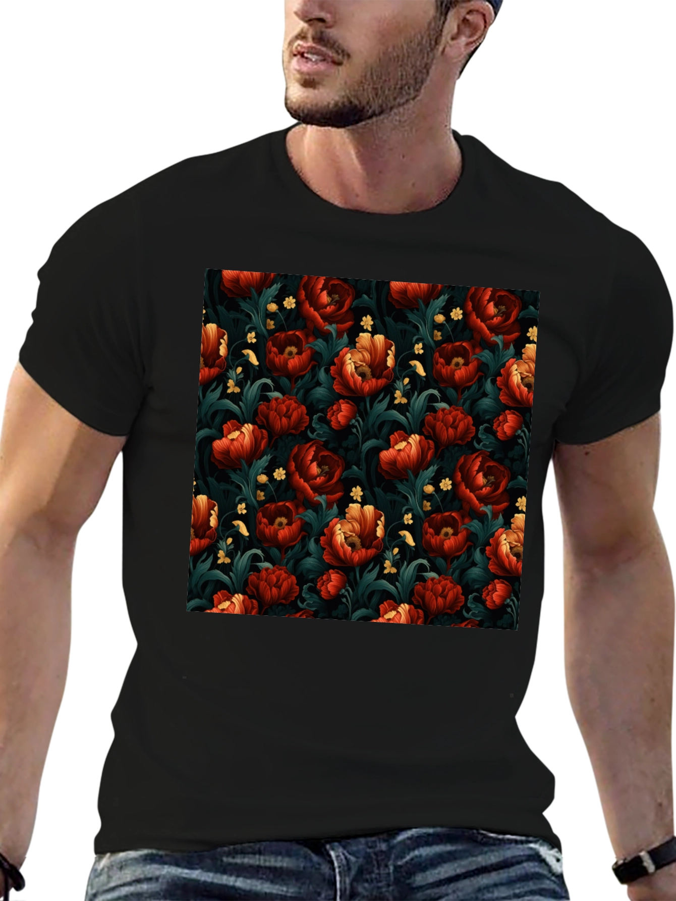 Floral Print Mens Black T-Shirt