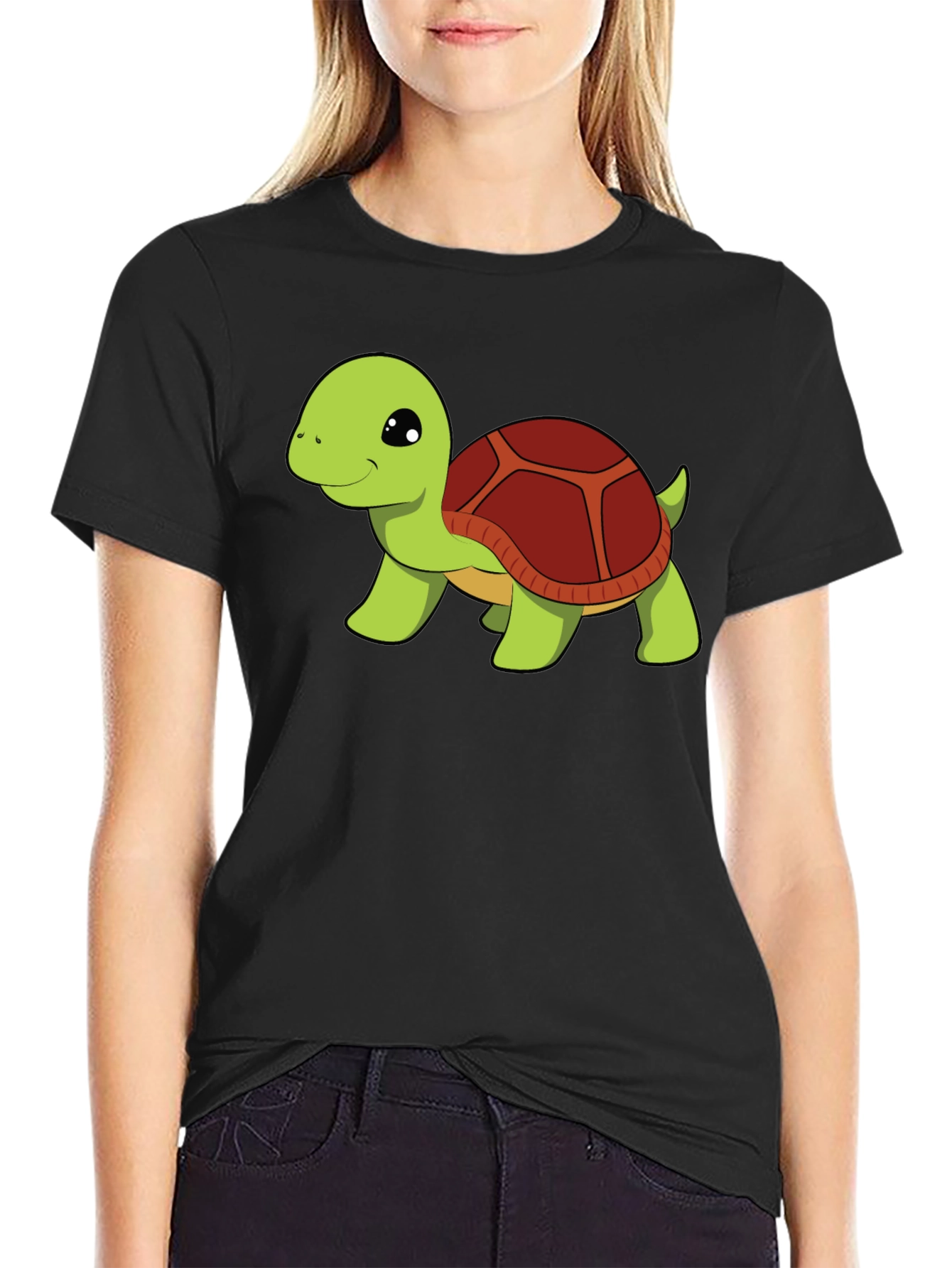 Cute Turtle Graphic Tee - Black Cotton T-Shirt