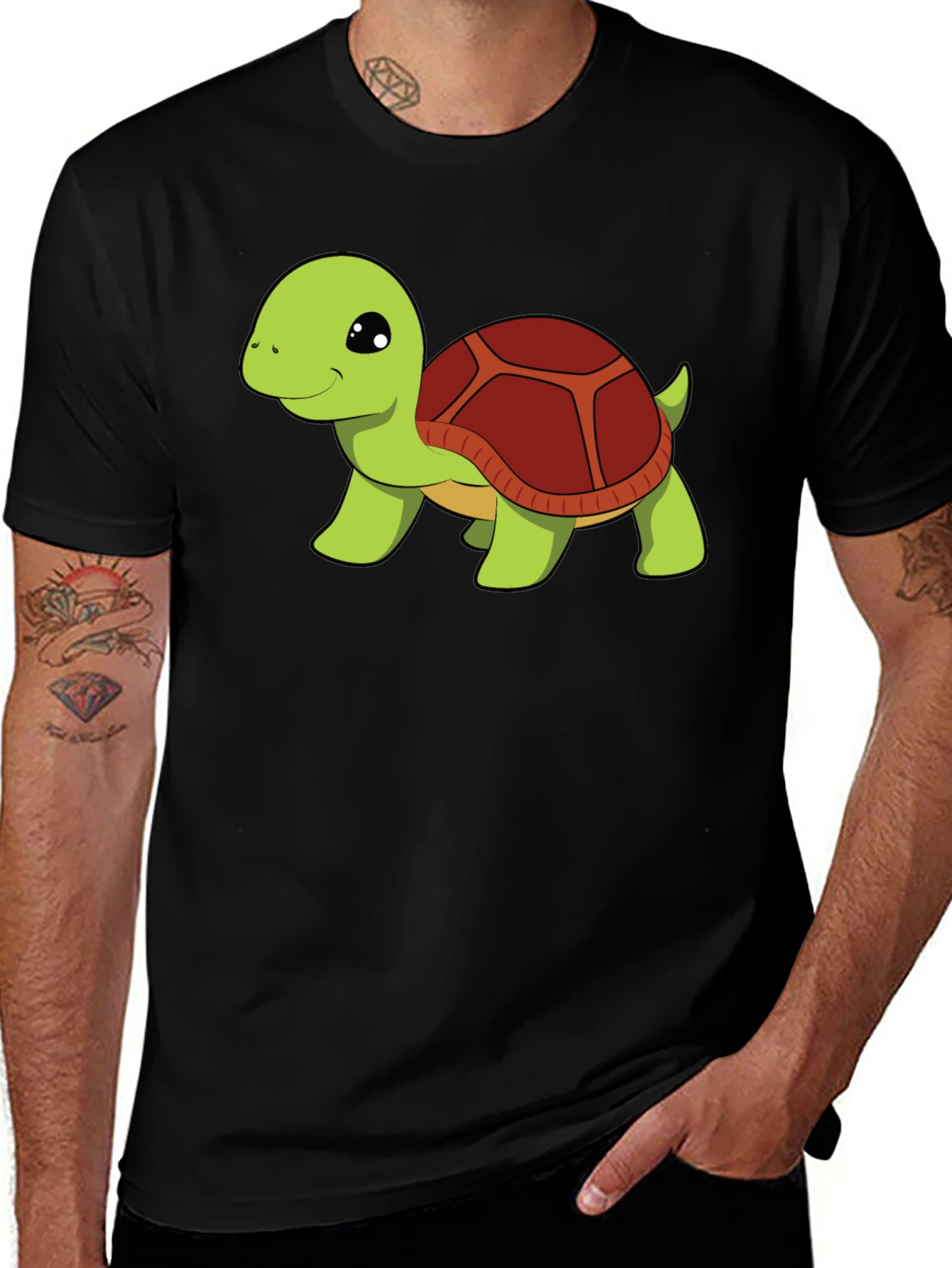Cute Turtle Graphic Tee - Black Cotton T-Shirt