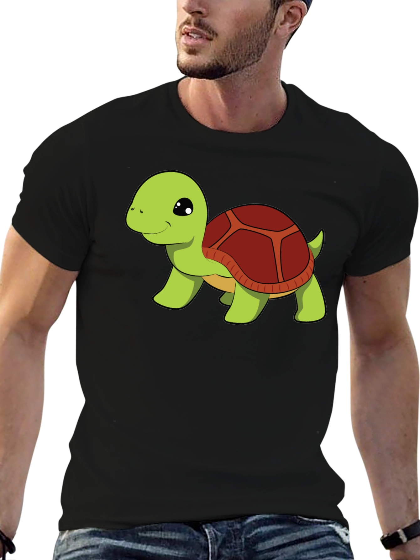 Cute Turtle Graphic Tee - Black Cotton T-Shirt