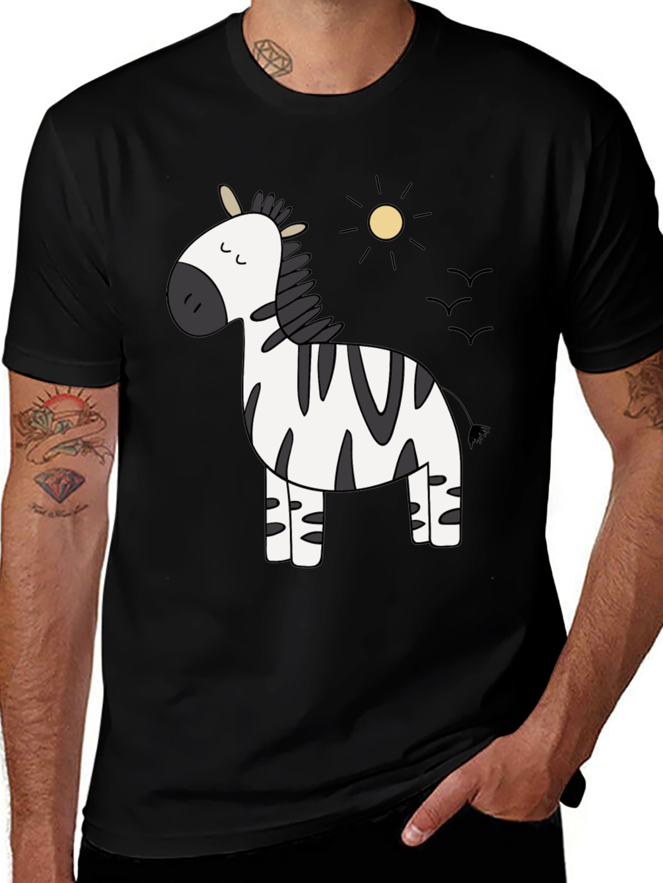 Cute Zebra Cartoon Graphic Black T-Shirt