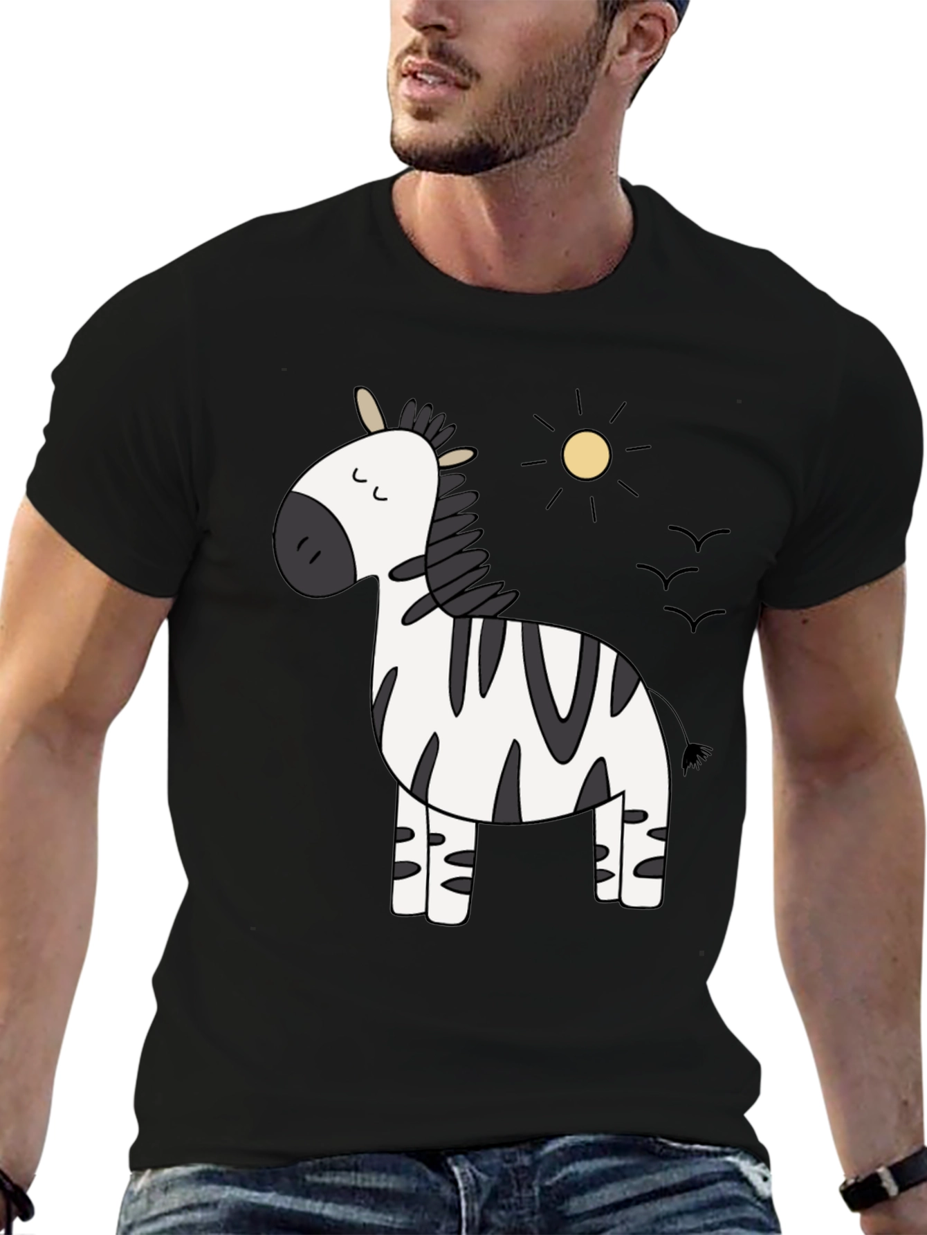 Cute Zebra Cartoon Graphic Black T-Shirt