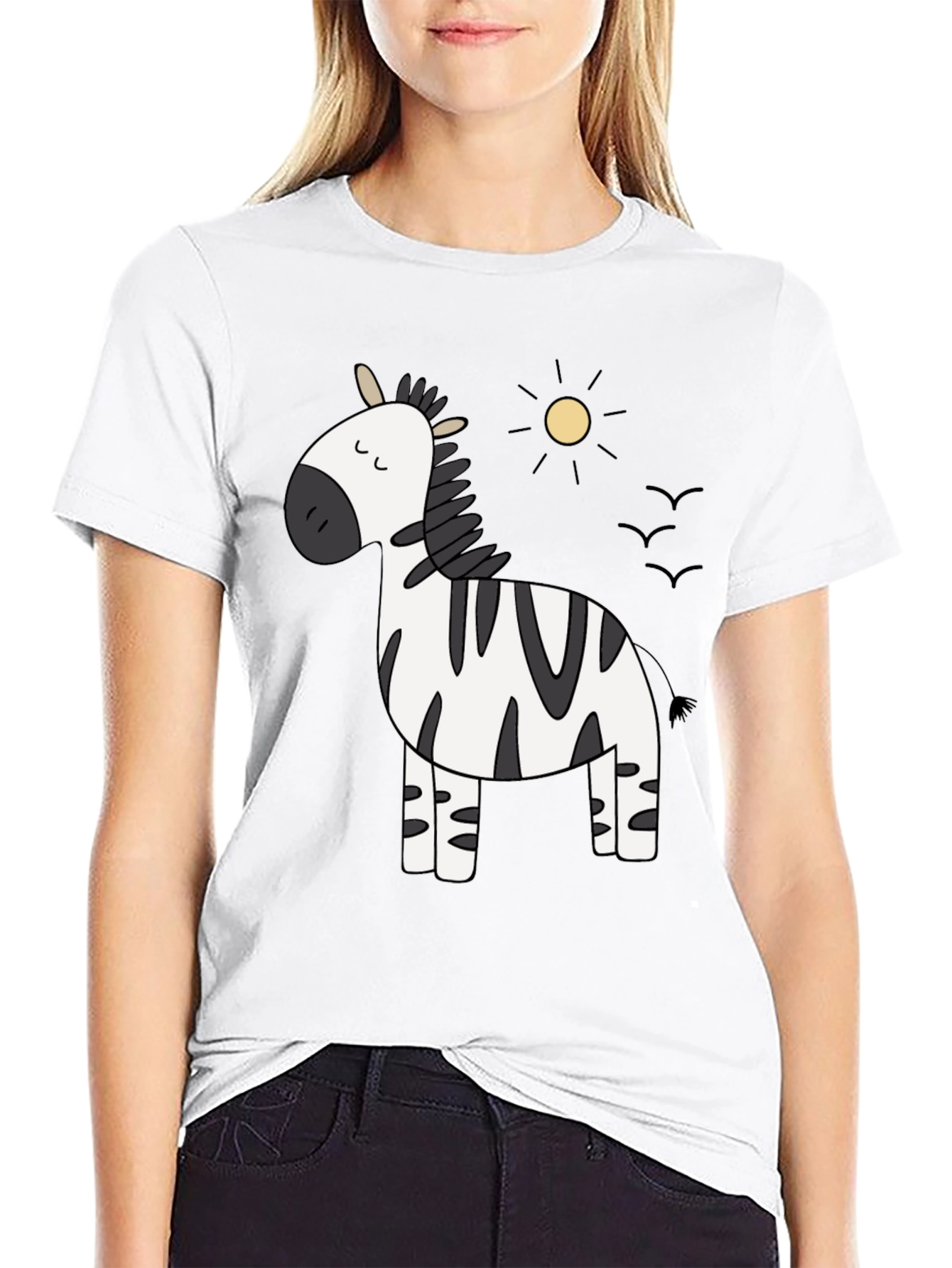 Cute Zebra Cartoon Graphic Black T-Shirt