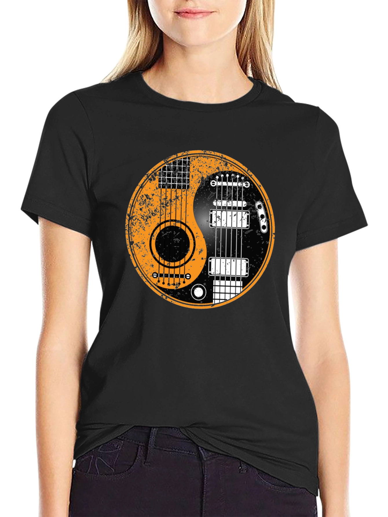 Yin Yang Guitar Graphic Tee - Black Cotton Blend