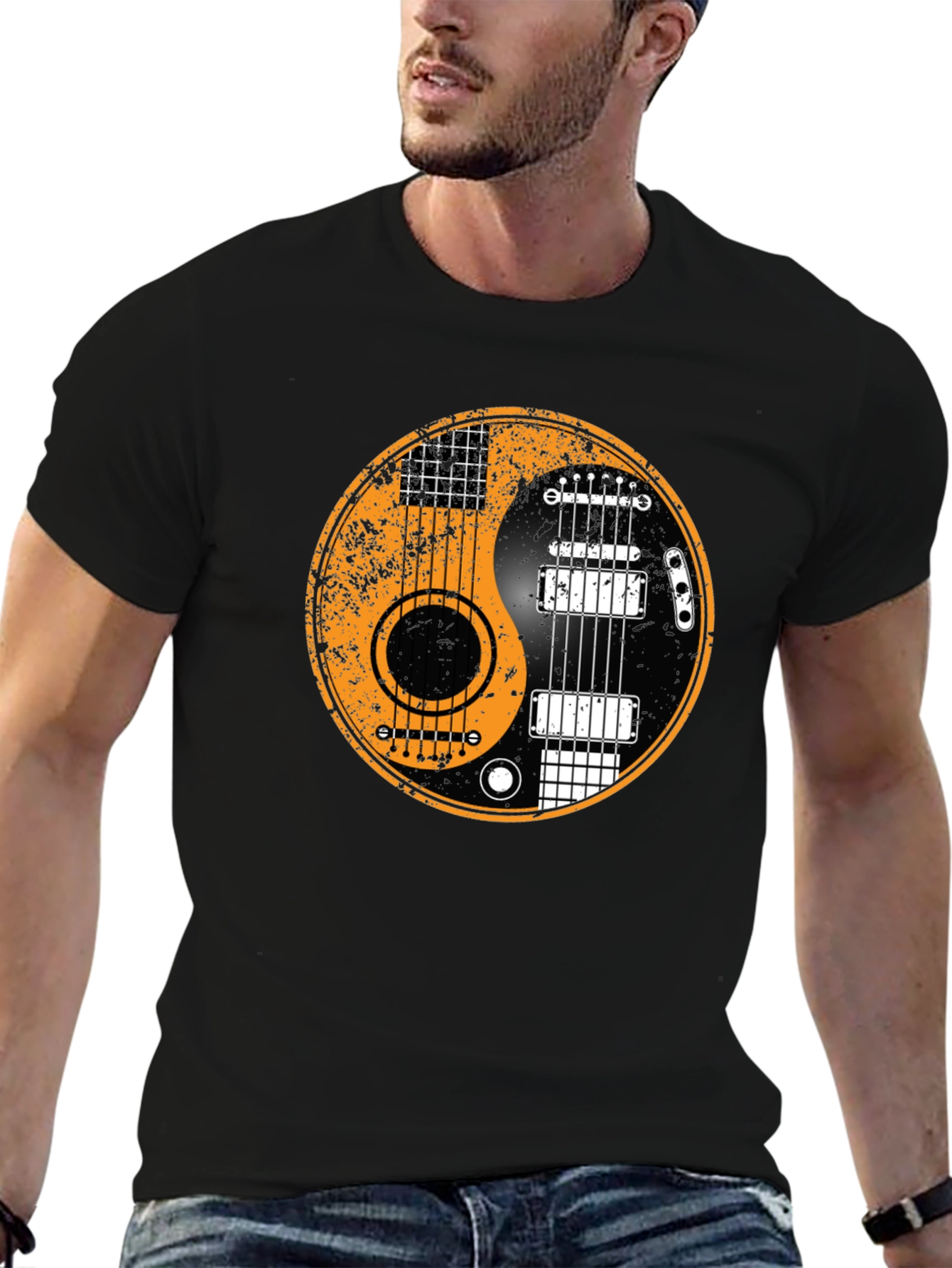 Yin Yang Guitar Graphic Tee - Black Cotton Blend