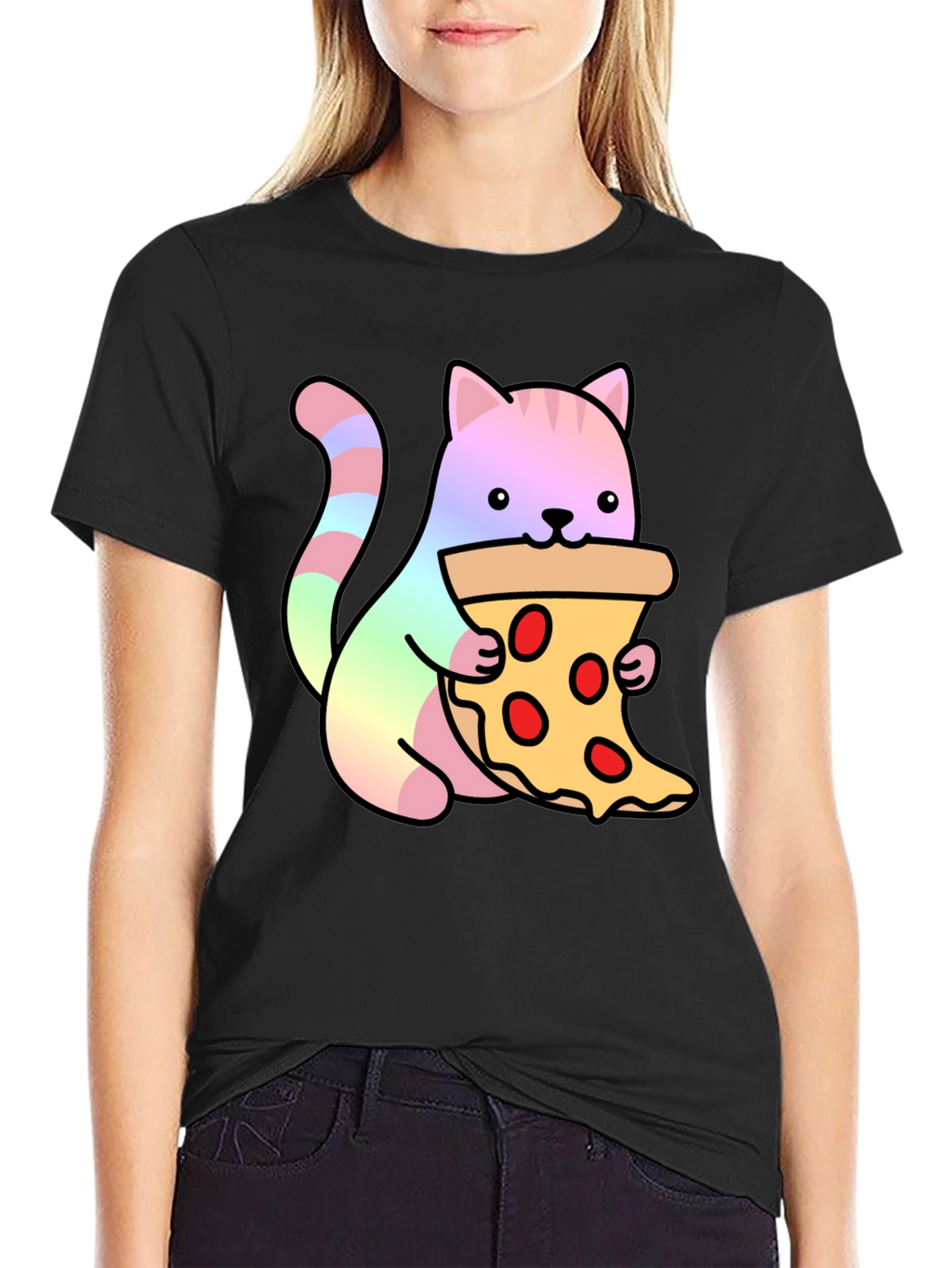 Cute Cat Eating Pizza Graphic Tee