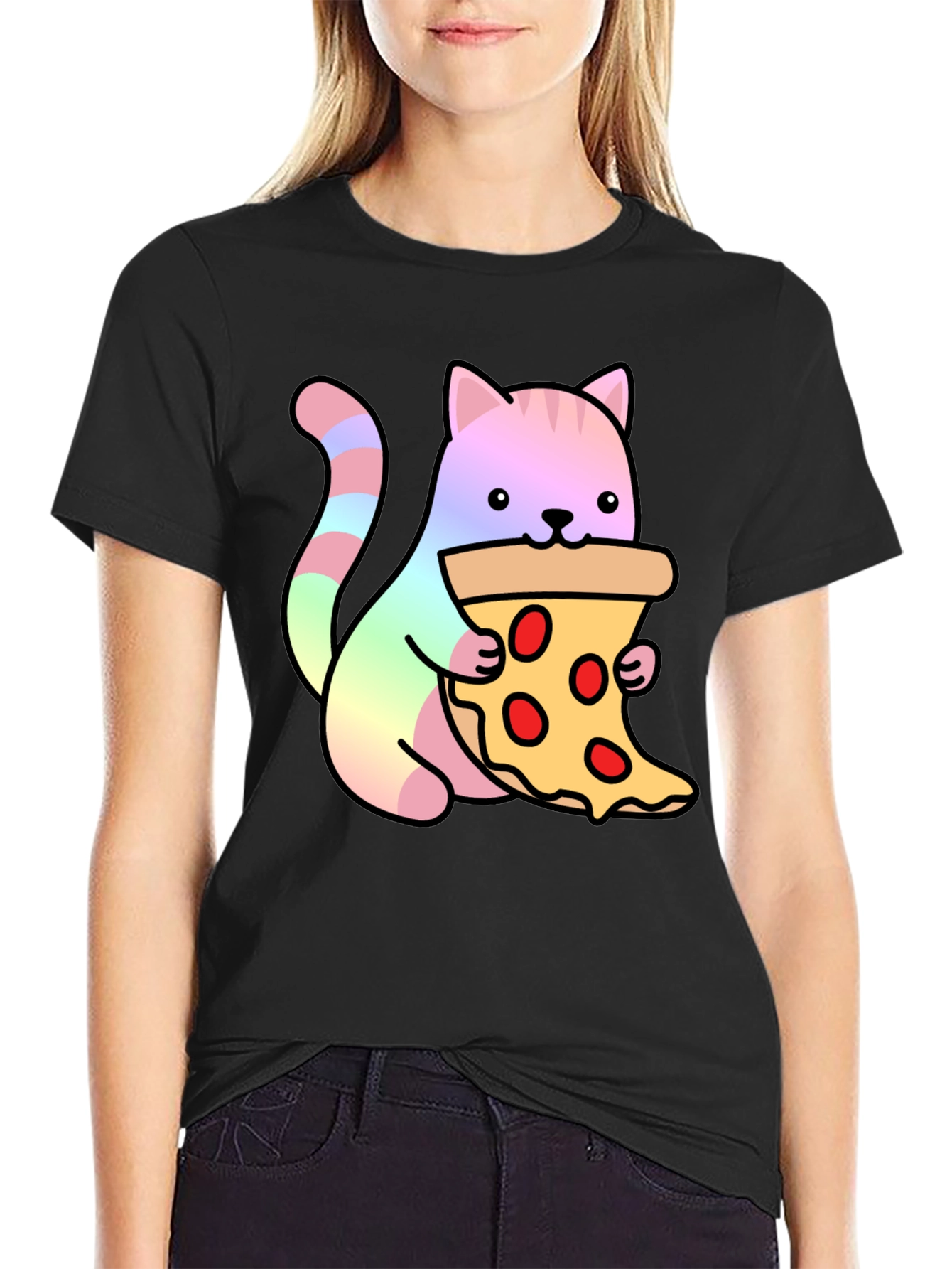 Cute Cat Eating Pizza Graphic Tee