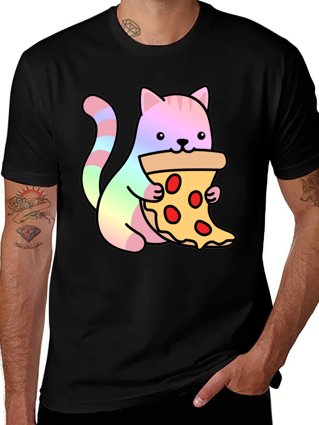 Cute Cat Eating Pizza Graphic Tee