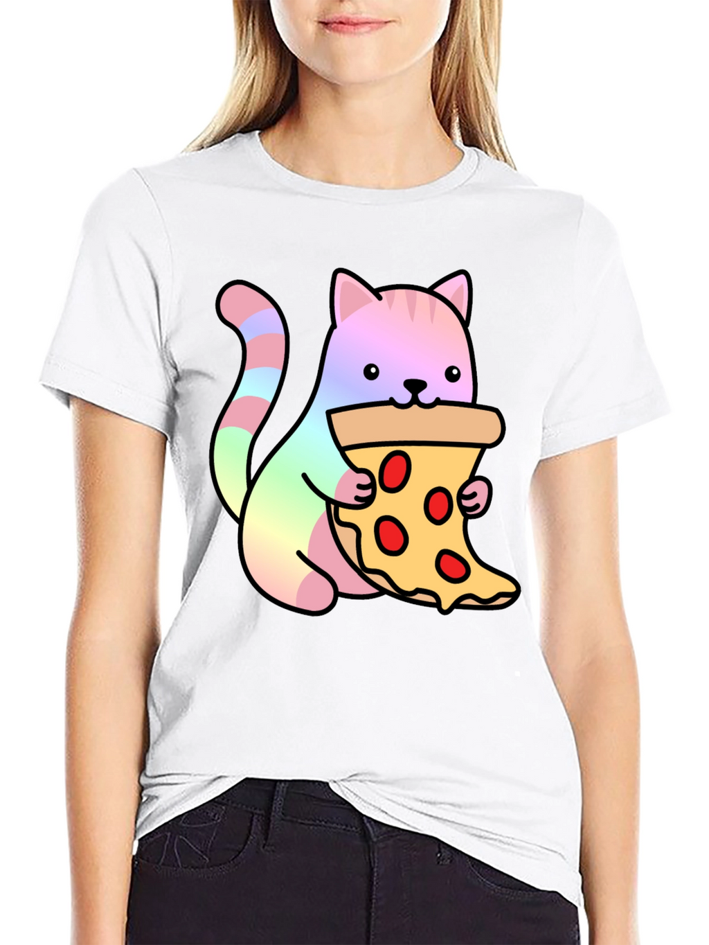 Cute Cat Eating Pizza Graphic Tee