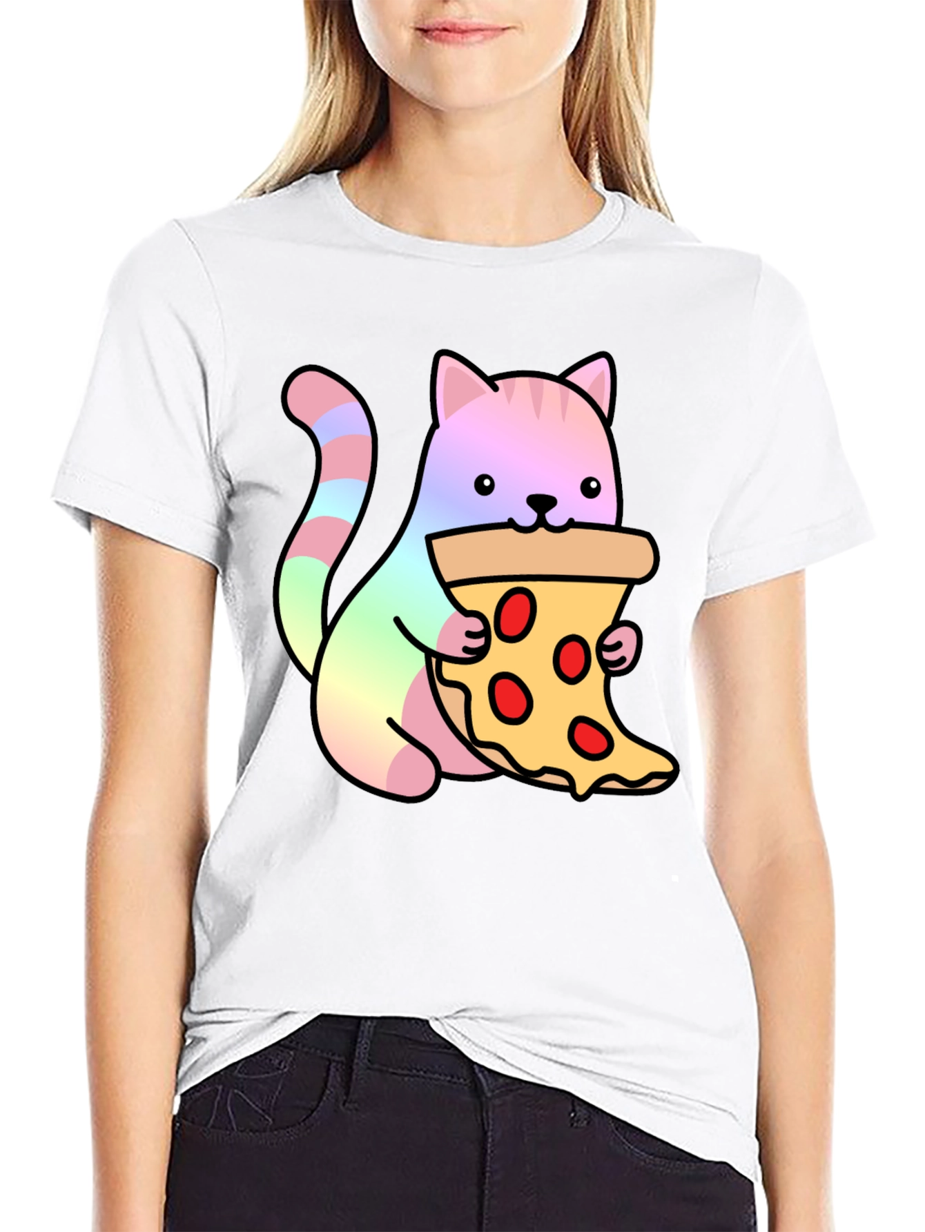 Cute Cat Eating Pizza Graphic Tee